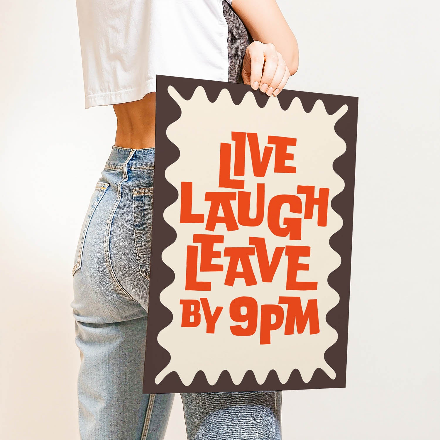 Trendy best-selling wall art print that says “Live Laugh Leave by 9PM” – retro quote decor for introverts, cozy home vibes, or modern gallery walls.