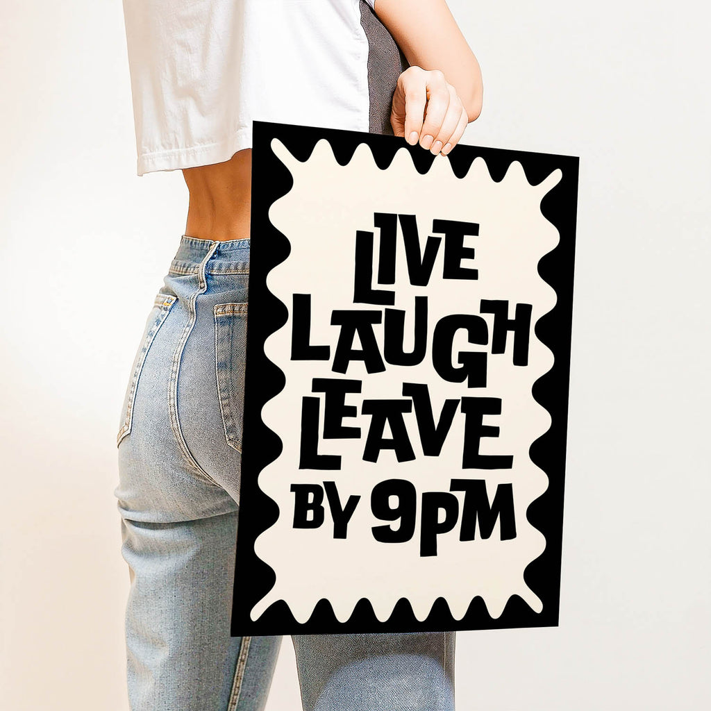Trendy best-selling wall art print that says “Live Laugh Leave by 9PM” – retro quote decor for introverts, cozy home vibes, or modern gallery walls.