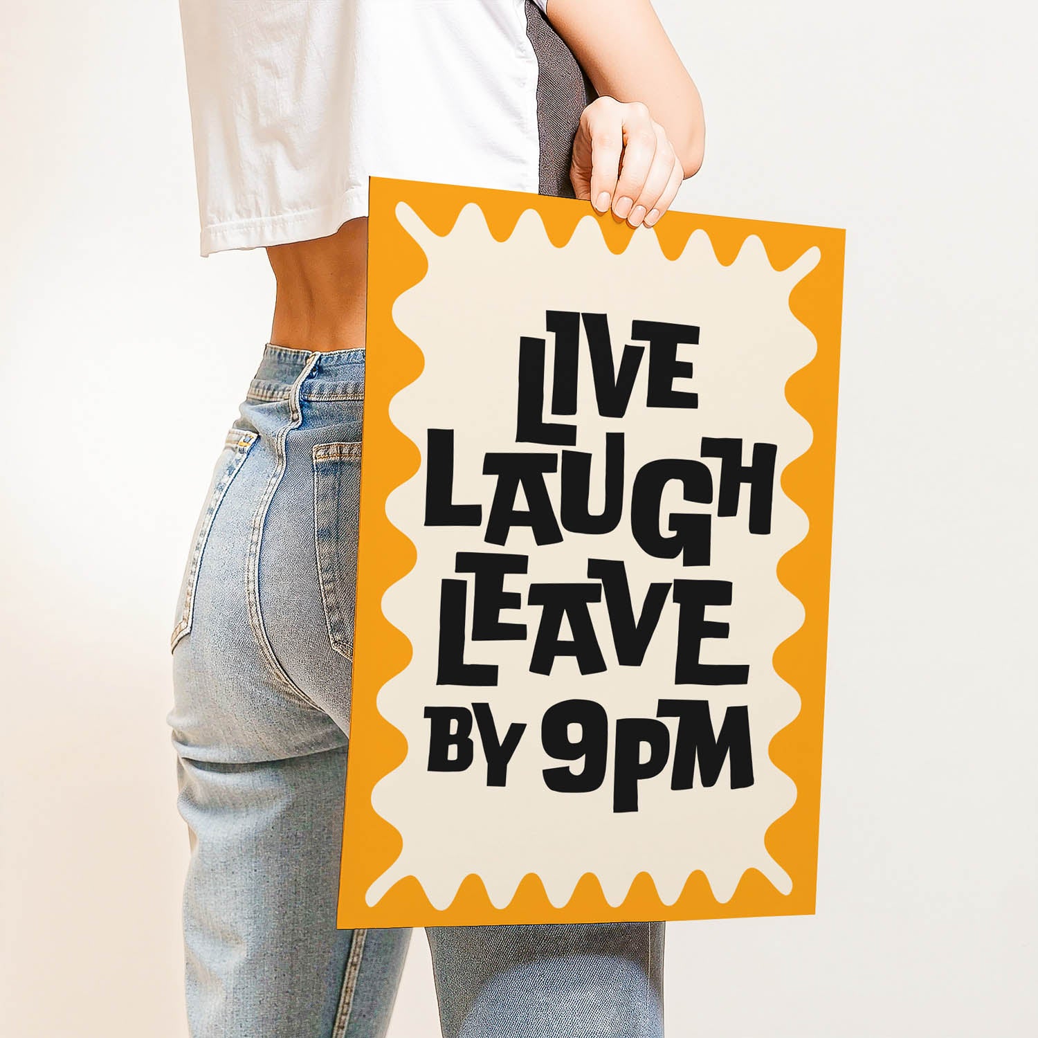 Trendy best-selling wall art print that says “Live Laugh Leave by 9PM” – retro quote decor for introverts, cozy home vibes, or modern gallery walls.