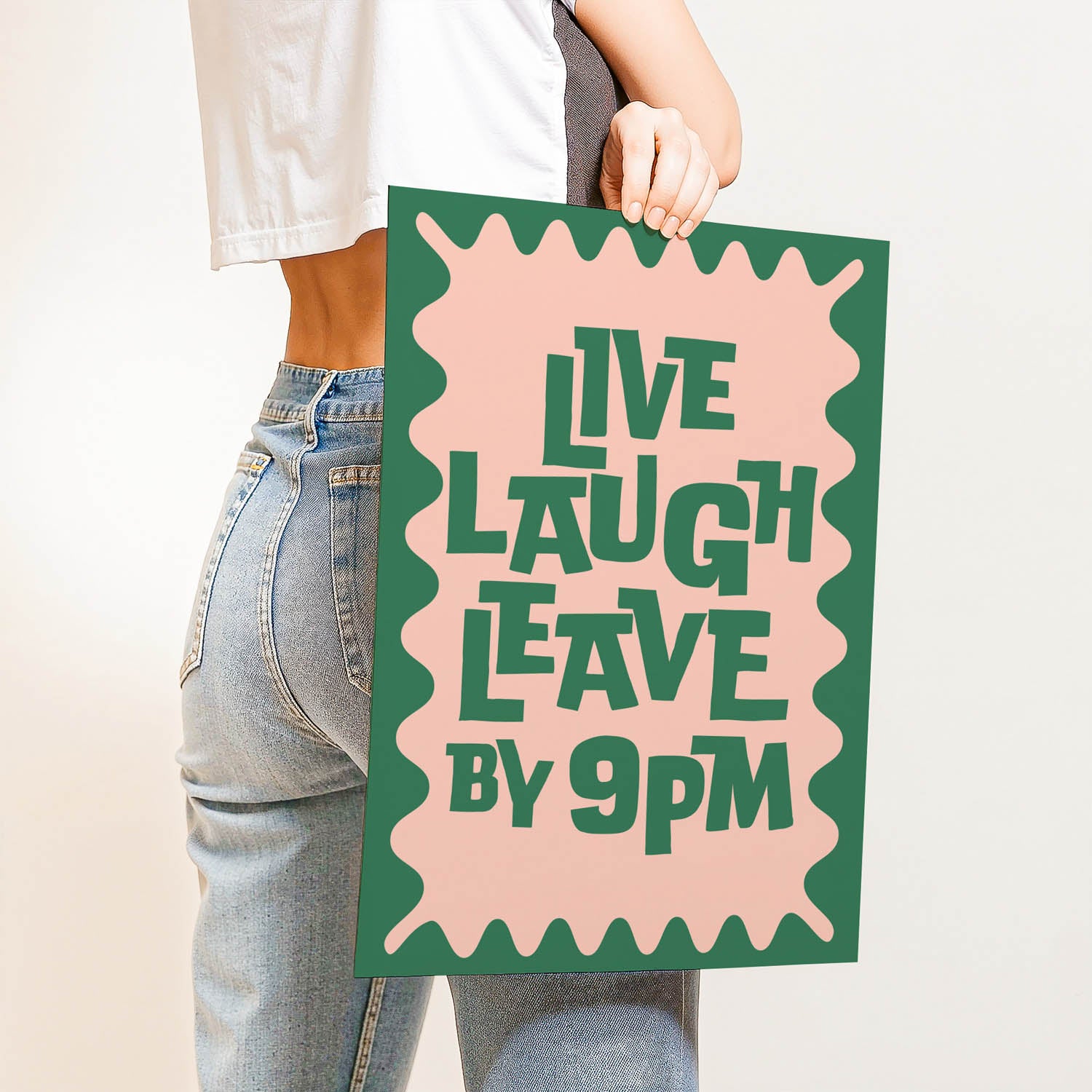 Trendy best-selling wall art print that says “Live Laugh Leave by 9PM” – retro quote decor for introverts, cozy home vibes, or modern gallery walls.