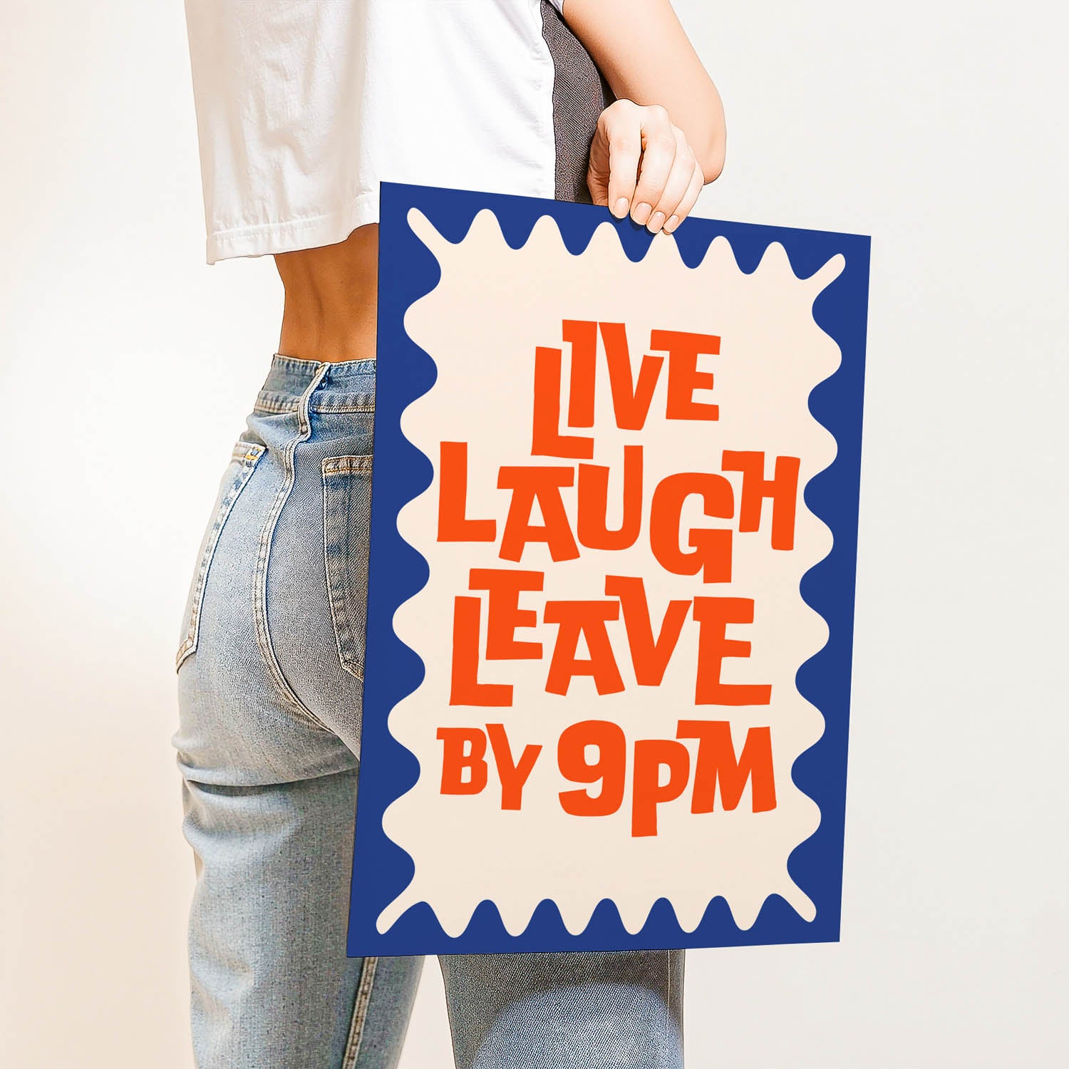 Trendy best-selling wall art print that says “Live Laugh Leave by 9PM” – retro quote decor for introverts, cozy home vibes, or modern gallery walls.