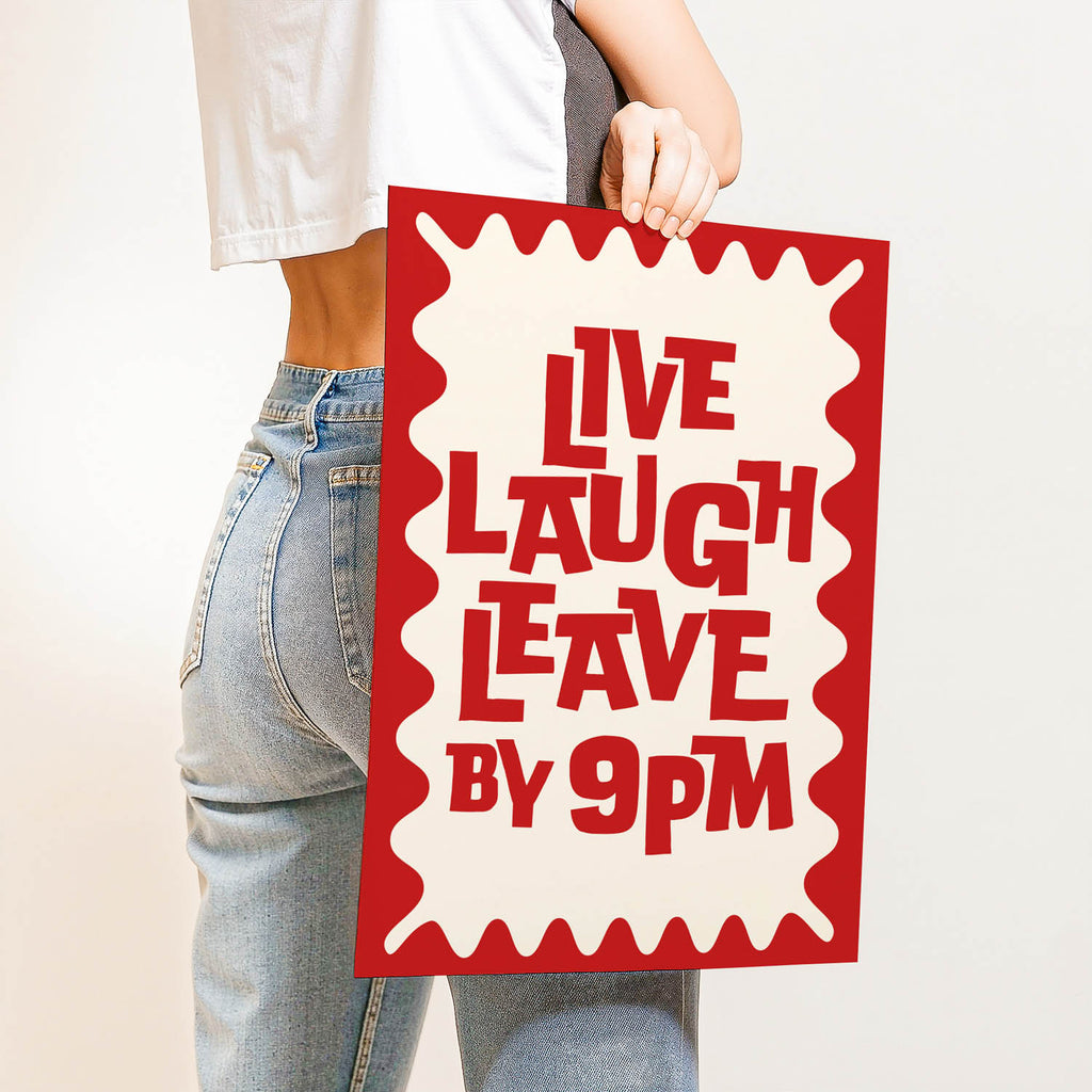 Trendy best-selling wall art print that says “Live Laugh Leave by 9PM” – retro quote decor for introverts, cozy home vibes, or modern gallery walls.