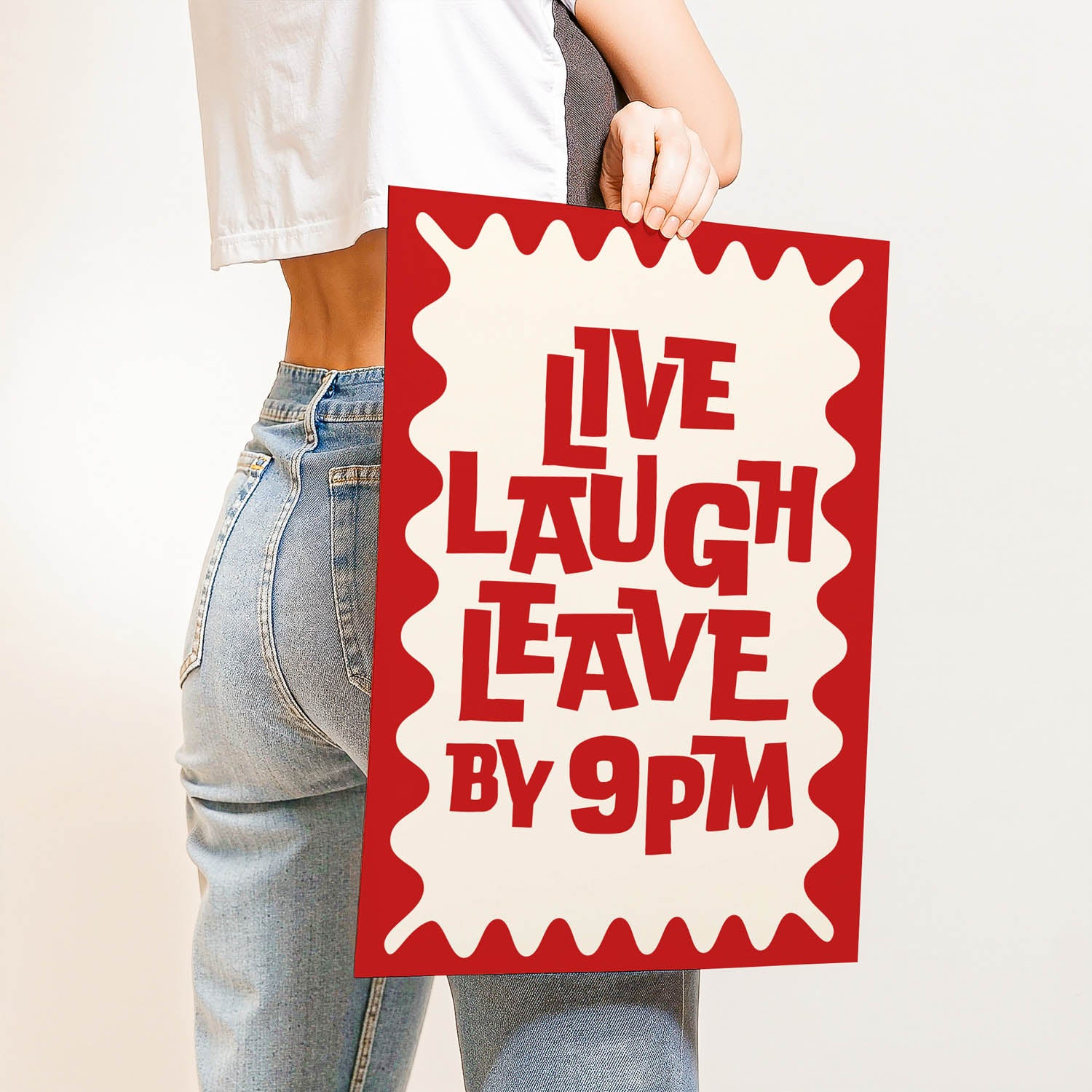 Trendy best-selling wall art print that says “Live Laugh Leave by 9PM” – retro quote decor for introverts, cozy home vibes, or modern gallery walls.