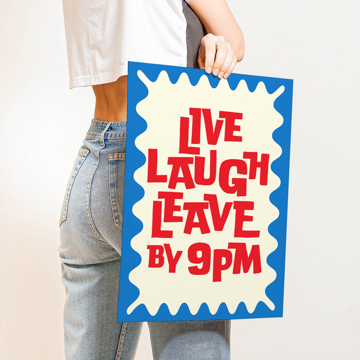 Trendy best-selling wall art print that says “Live Laugh Leave by 9PM” – retro quote decor for introverts, cozy home vibes, or modern gallery walls.