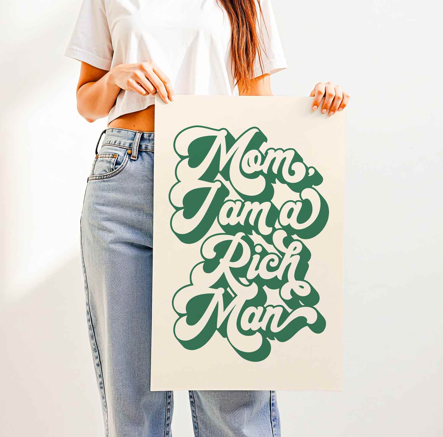 Empowering “Mom, I Am a Rich Man” quote in vintage-style retro typography—bold feminist wall art for boss babes, entrepreneurs, and statement-making spaces.