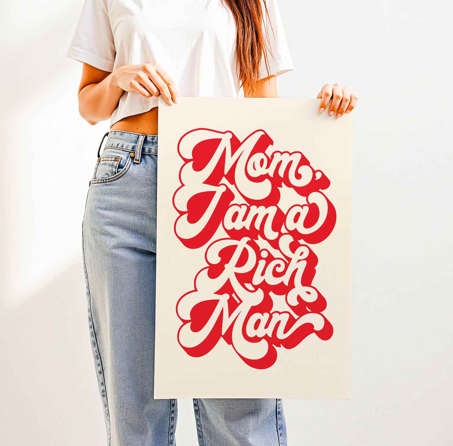 Empowering “Mom, I Am a Rich Man” quote in vintage-style retro typography—bold feminist wall art for boss babes, entrepreneurs, and statement-making spaces.