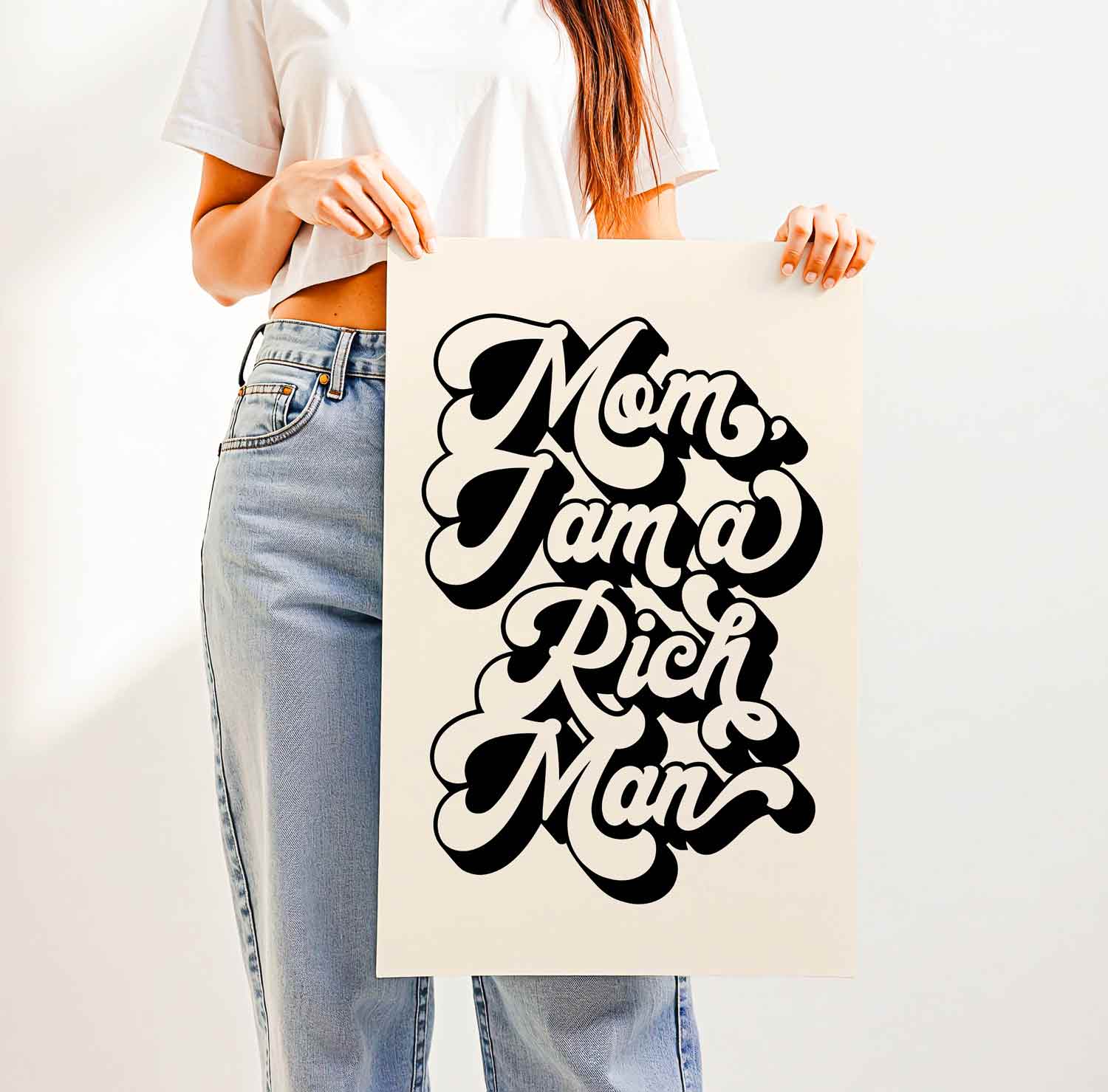 Empowering “Mom, I Am a Rich Man” quote in vintage-style retro typography—bold feminist wall art for boss babes, entrepreneurs, and statement-making spaces.