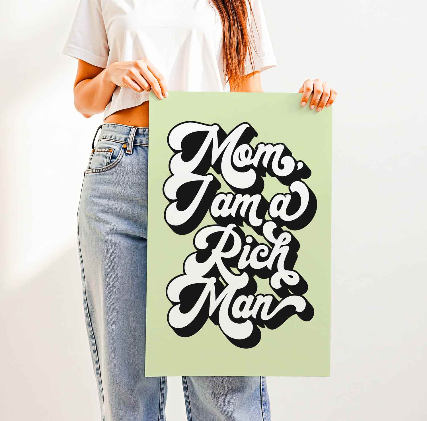 Empowering “Mom, I Am a Rich Man” quote in vintage-style retro typography—bold feminist wall art for boss babes, entrepreneurs, and statement-making spaces.