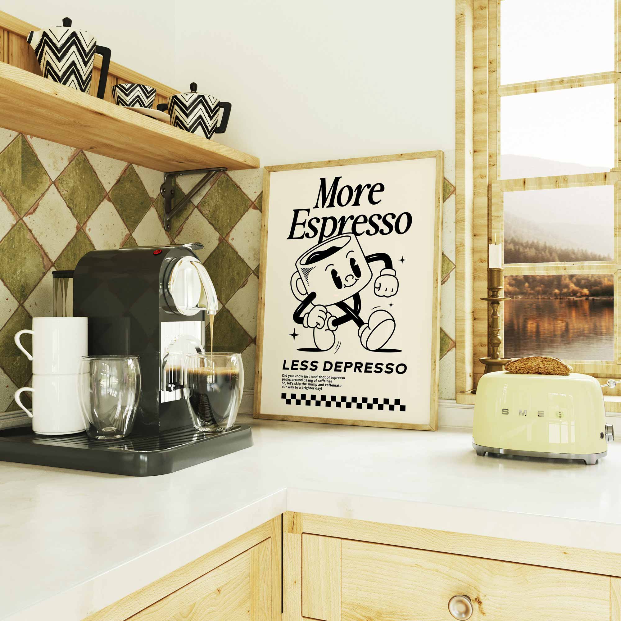 Black and white espresso kitchen print featuring a smiling cartoon espresso cup with the phrase “More Espresso, Less Depresso.”