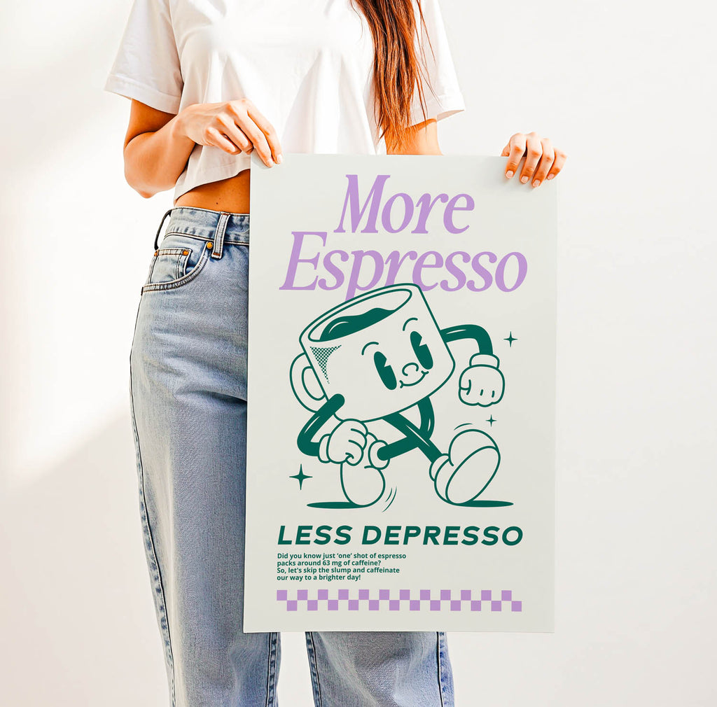 Best-selling retro coffee bar wall art print with vintage lettering that says "More Espresso Less Depresso" — perfect for trendy kitchen or café decor.