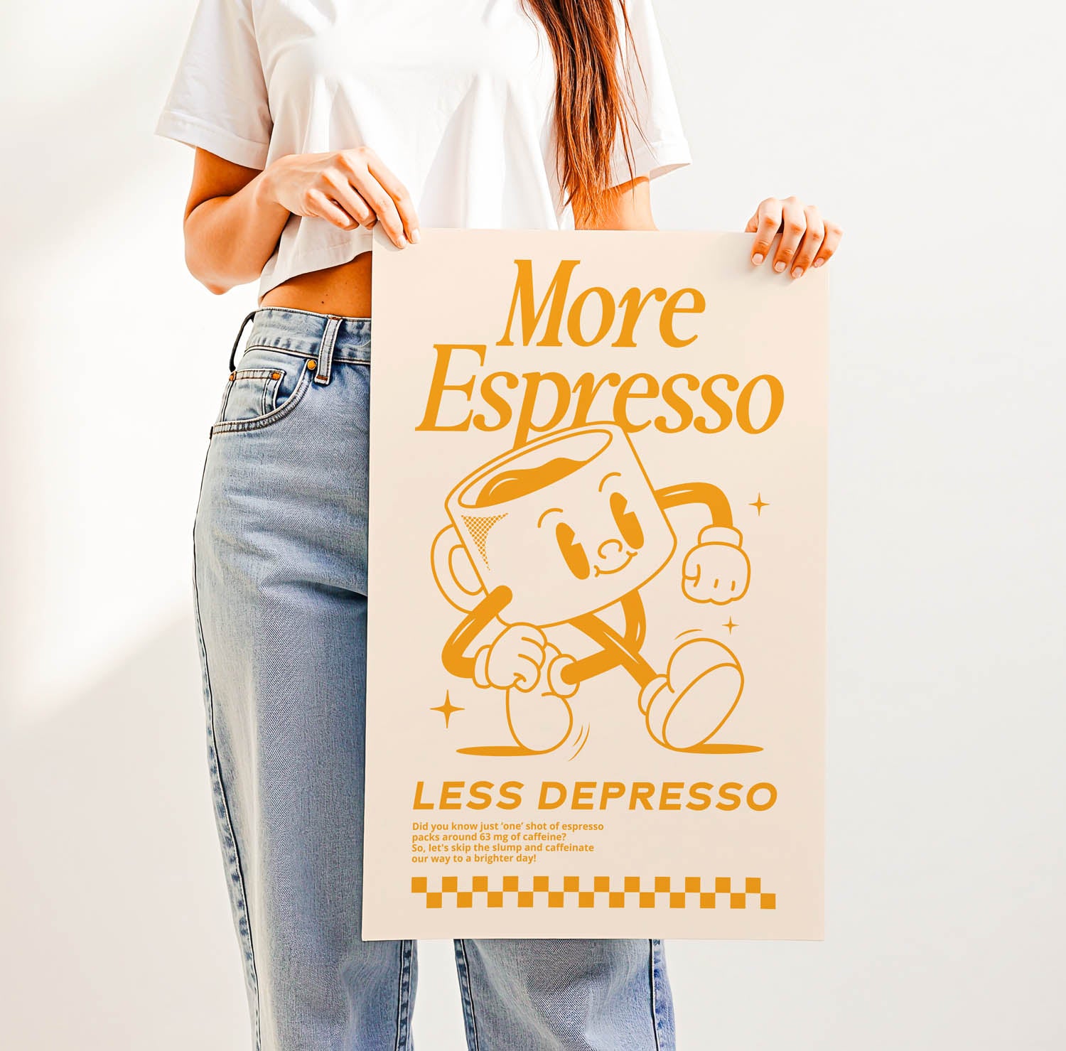 Best-selling retro coffee bar wall art print with vintage lettering that says "More Espresso Less Depresso" — perfect for trendy kitchen or café decor.
