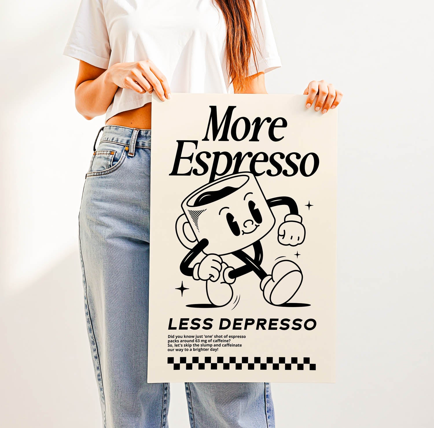 Best-selling retro coffee bar wall art print with vintage lettering that says "More Espresso Less Depresso" — perfect for trendy kitchen or café decor.
