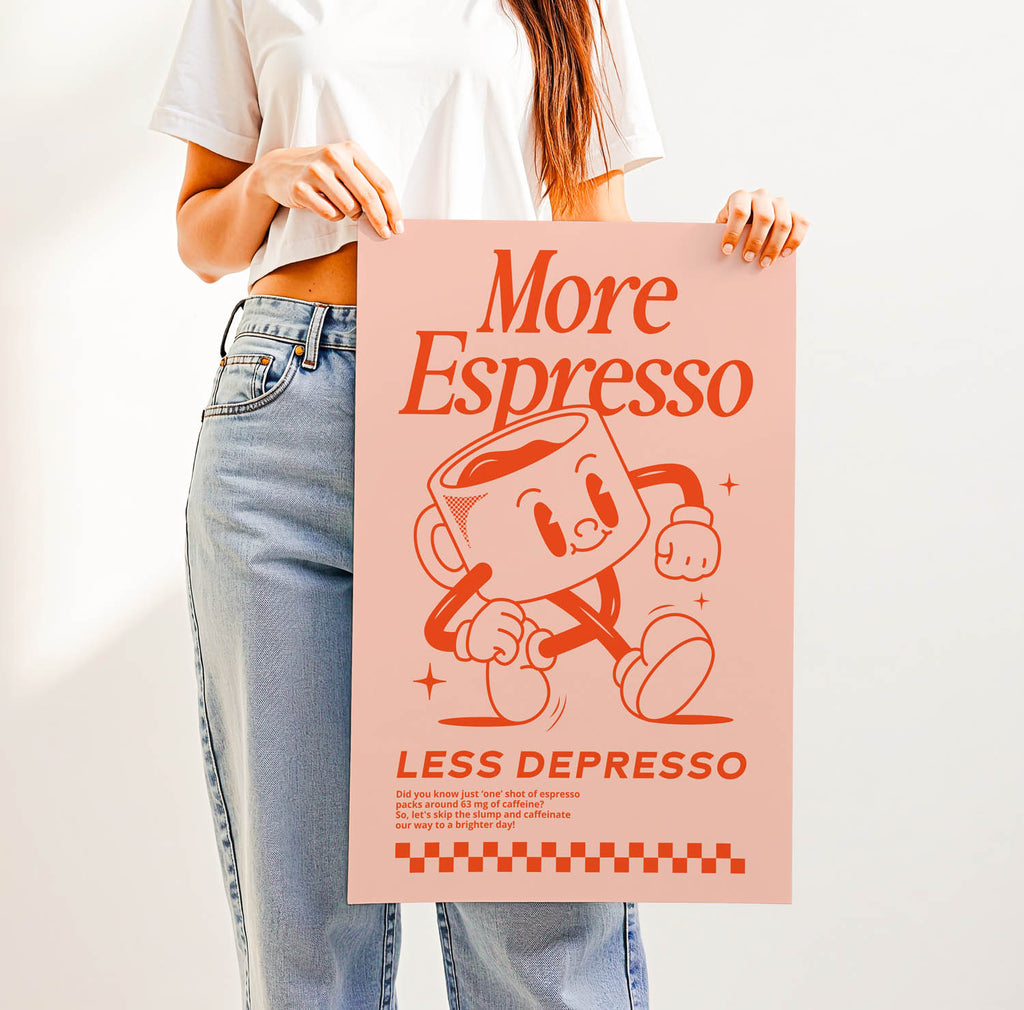 Best-selling retro coffee bar wall art print with vintage lettering that says "More Espresso Less Depresso" — perfect for trendy kitchen or café decor.