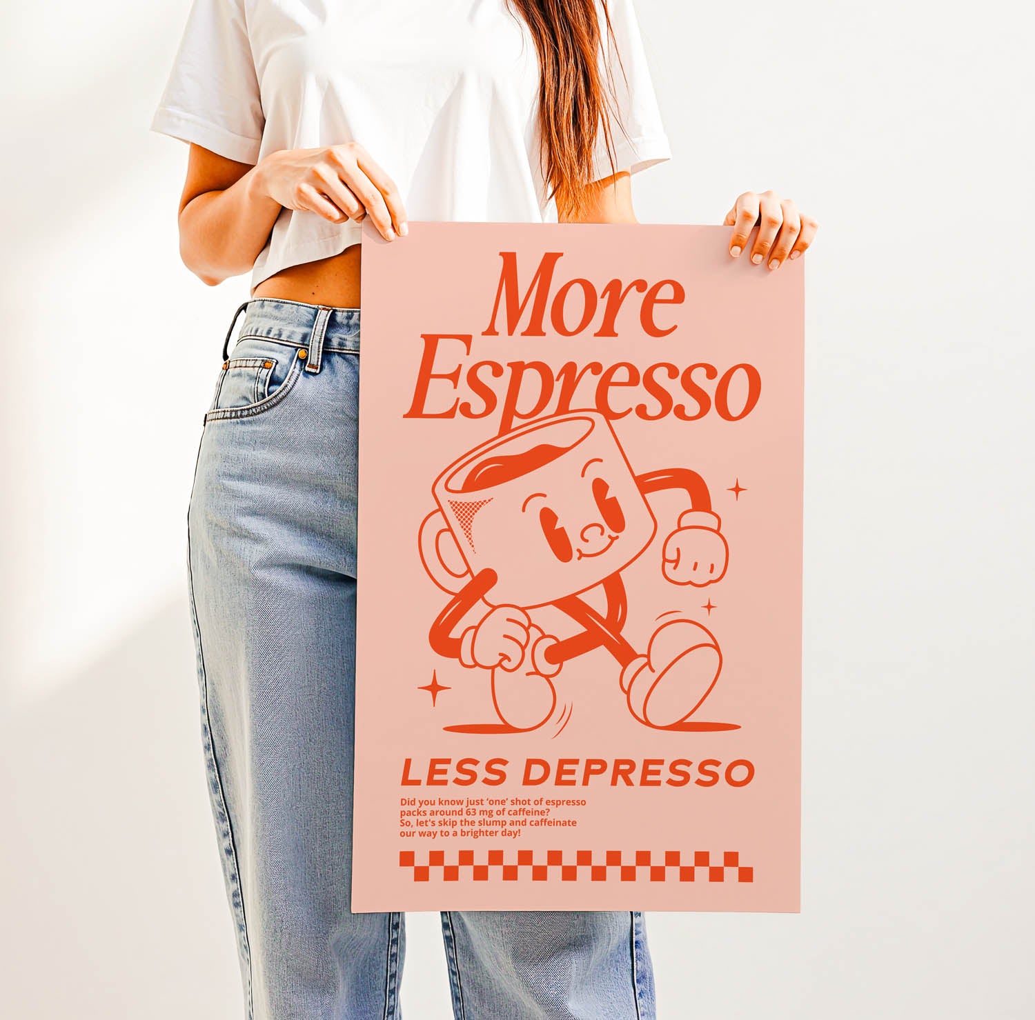 Best-selling retro coffee bar wall art print with vintage lettering that says "More Espresso Less Depresso" — perfect for trendy kitchen or café decor.