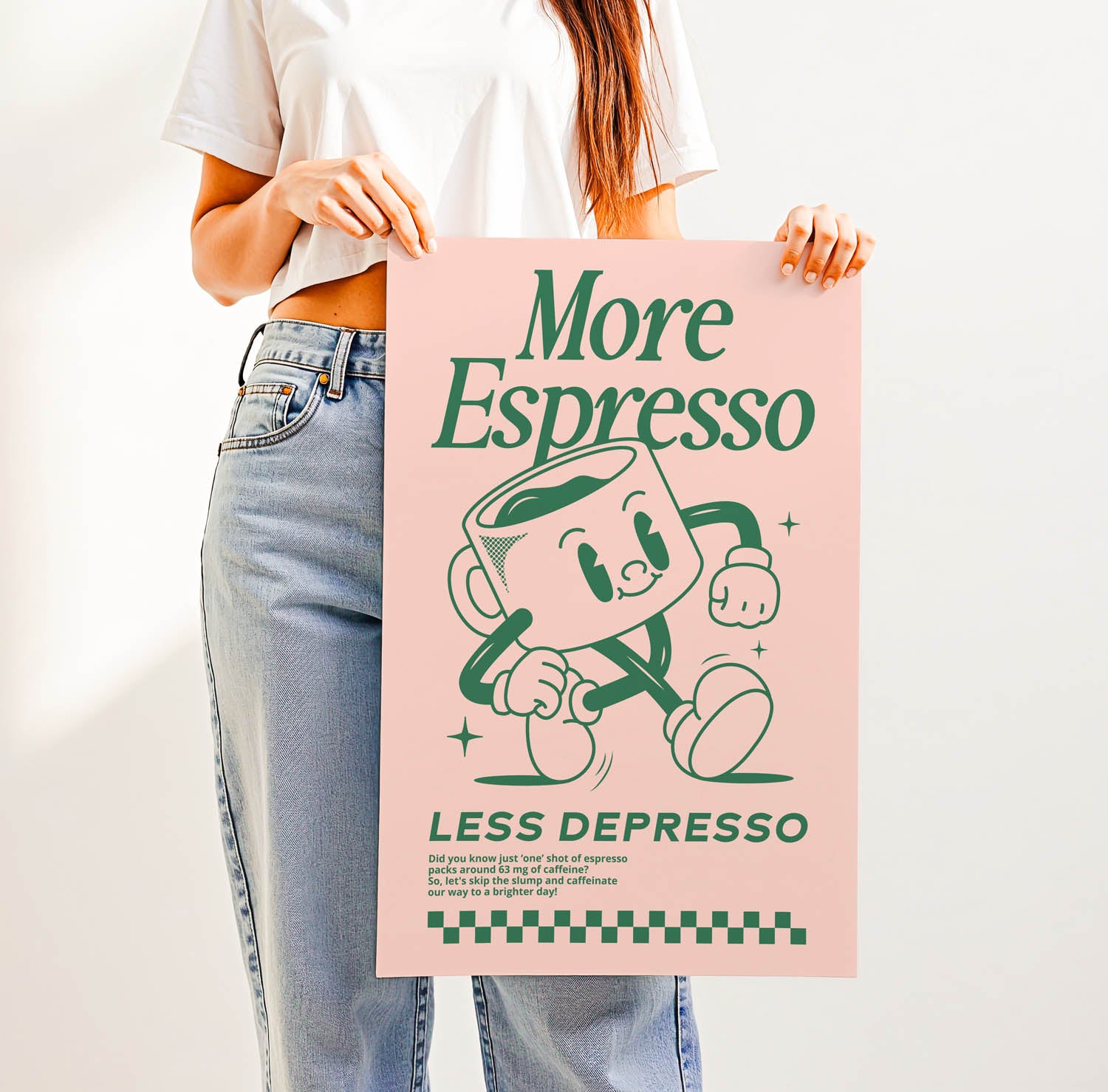 Best-selling retro coffee bar wall art print with vintage lettering that says "More Espresso Less Depresso" — perfect for trendy kitchen or café decor.