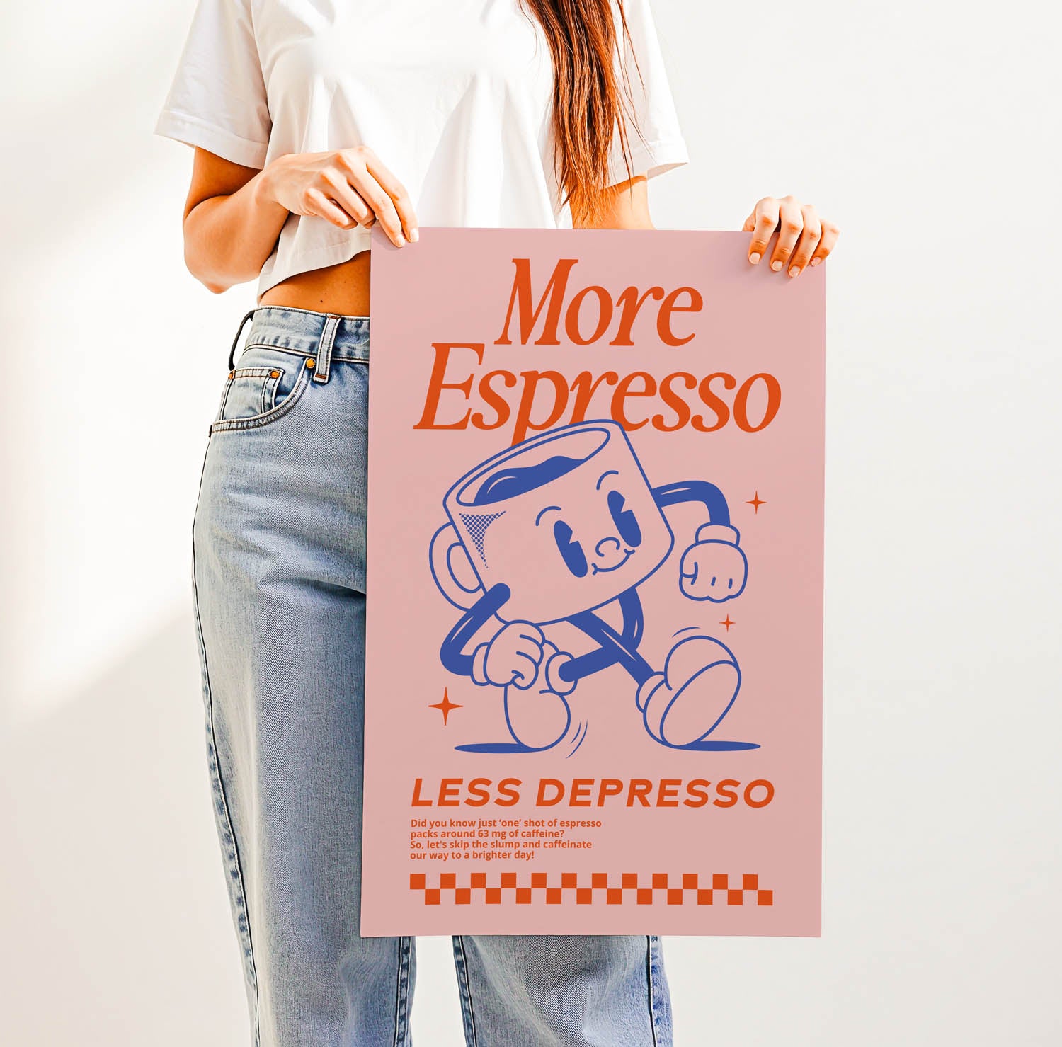 Best-selling retro coffee bar wall art print with vintage lettering that says "More Espresso Less Depresso" — perfect for trendy kitchen or café decor.