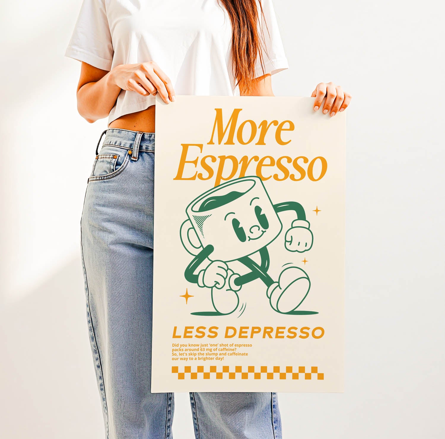 Best-selling retro coffee bar wall art print with vintage lettering that says "More Espresso Less Depresso" — perfect for trendy kitchen or café decor.