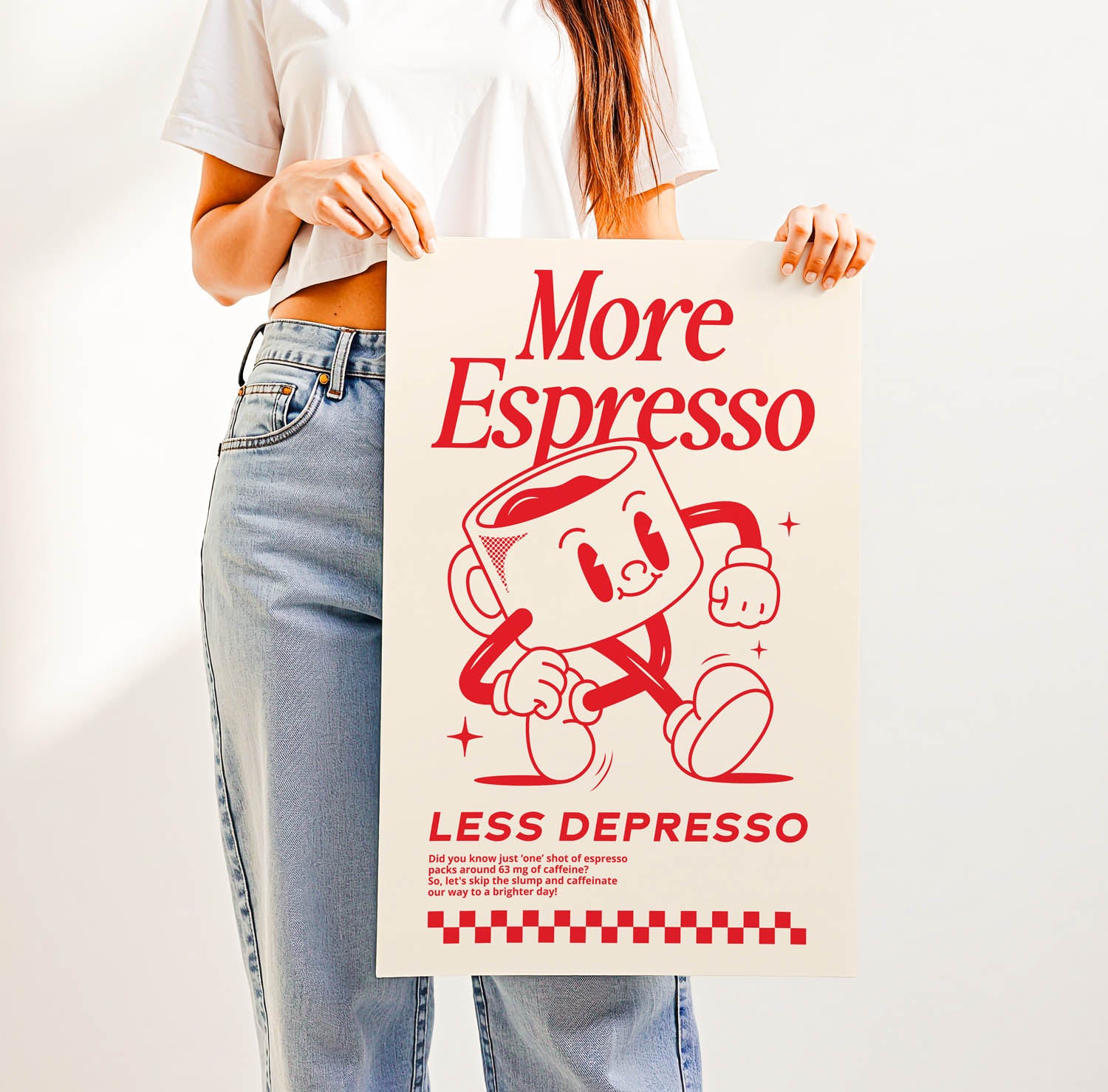 Best-selling retro coffee bar wall art print with vintage lettering that says "More Espresso Less Depresso" — perfect for trendy kitchen or café decor.