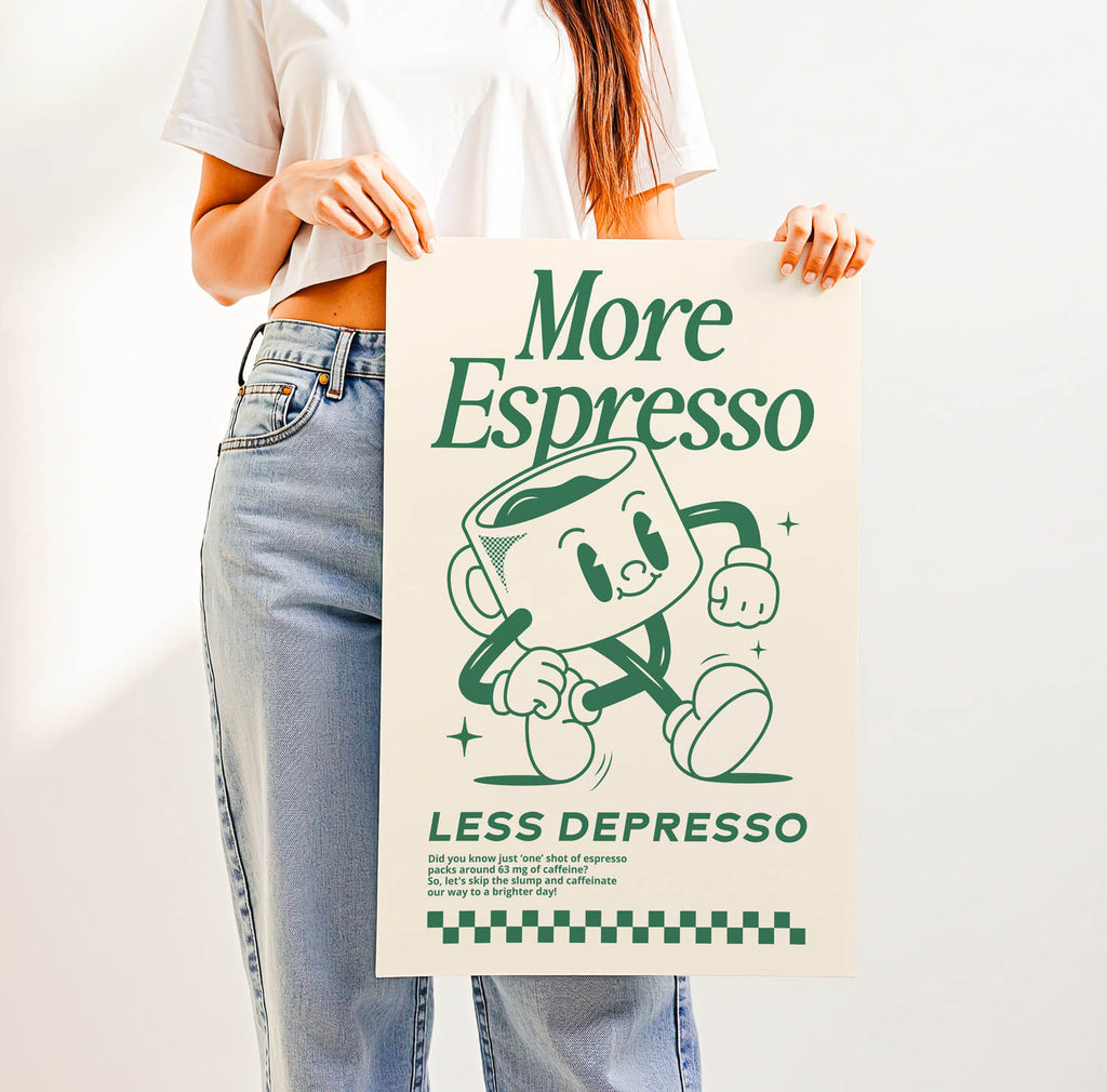 Best-selling retro coffee bar wall art print with vintage lettering that says "More Espresso Less Depresso" — perfect for trendy kitchen or café decor.