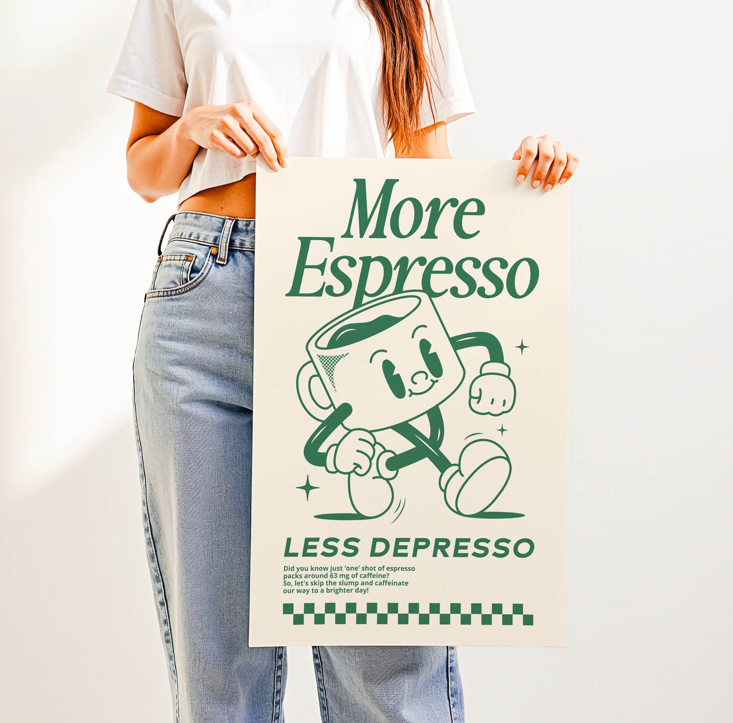Best-selling retro coffee bar wall art print with vintage lettering that says "More Espresso Less Depresso" — perfect for trendy kitchen or café decor.
