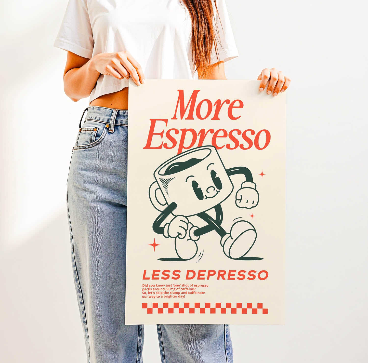 Best-selling retro coffee bar wall art print with vintage lettering that says "More Espresso Less Depresso" — perfect for trendy kitchen or café decor.