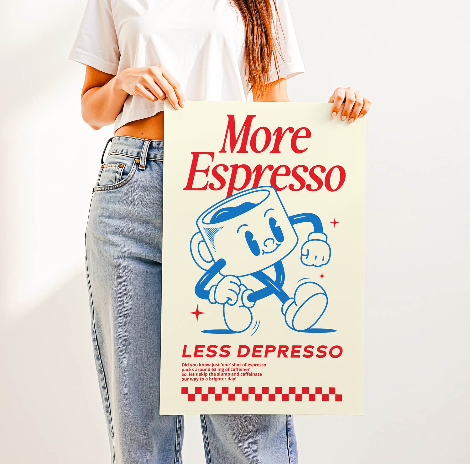 Best-selling retro coffee bar wall art print with vintage lettering that says "More Espresso Less Depresso" — perfect for trendy kitchen or café decor.
