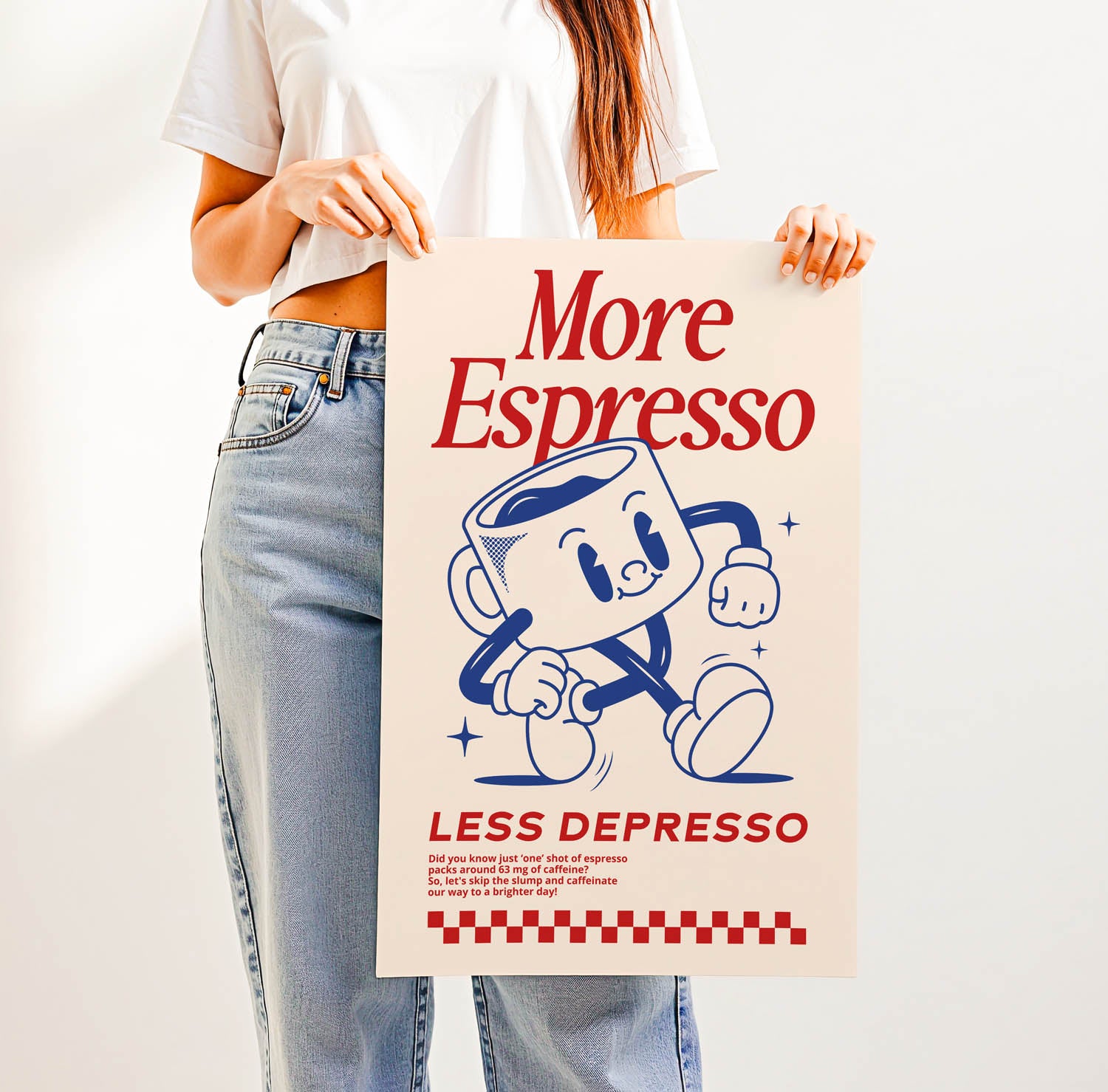 Best-selling retro coffee bar wall art print with vintage lettering that says "More Espresso Less Depresso" — perfect for trendy kitchen or café decor.