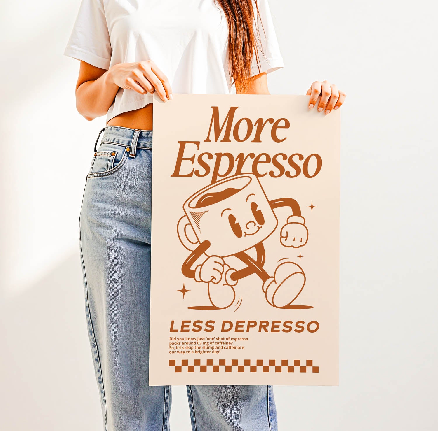 Best-selling retro coffee bar wall art print with vintage lettering that says "More Espresso Less Depresso" — perfect for trendy kitchen or café decor.