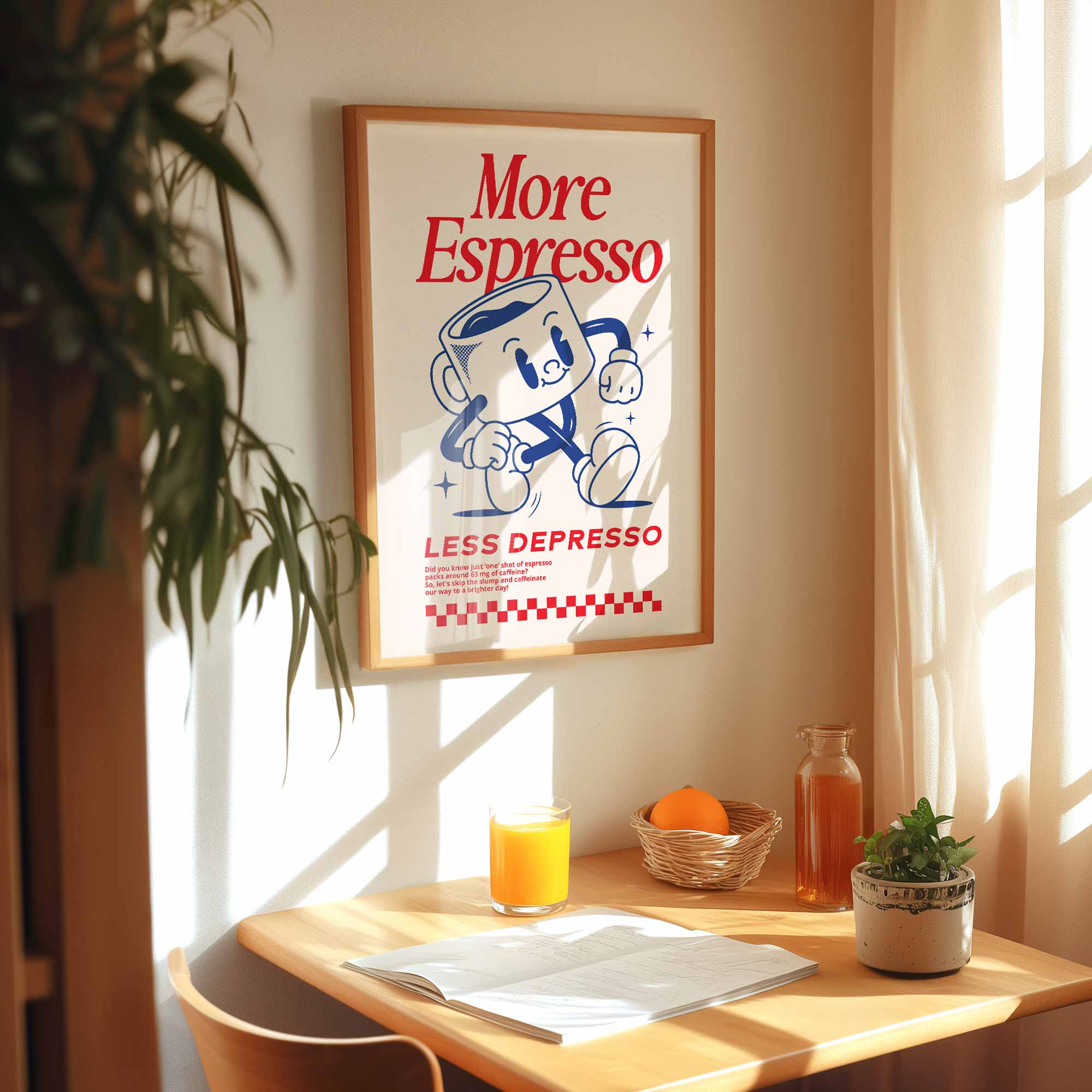 Retro red and blue coffee-themed print that reads “More Espresso, Less Depresso” with a happy espresso cup illustration.