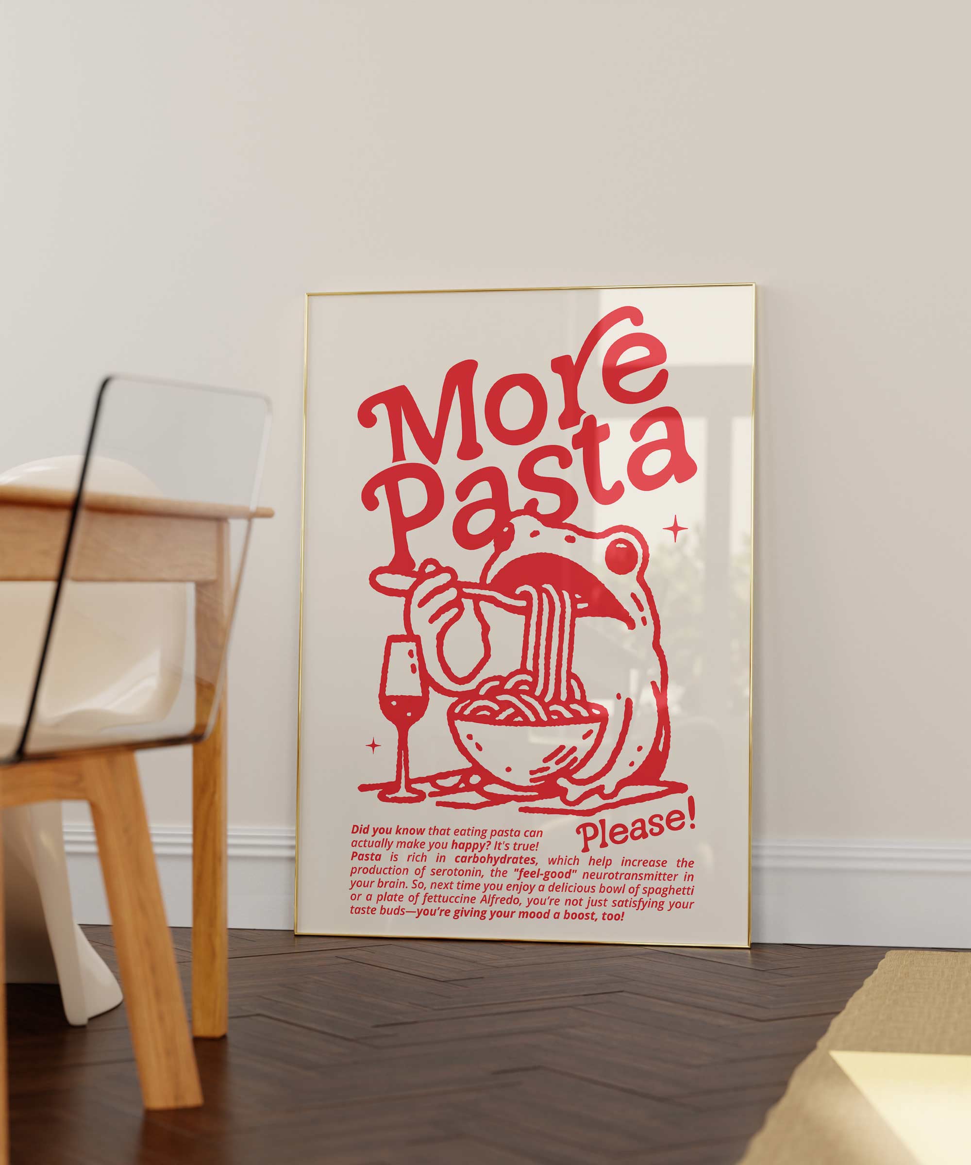 Fun red illustration print of a happy frog slurping spaghetti under the title “More Pasta Please!” with a serotonin fact below.