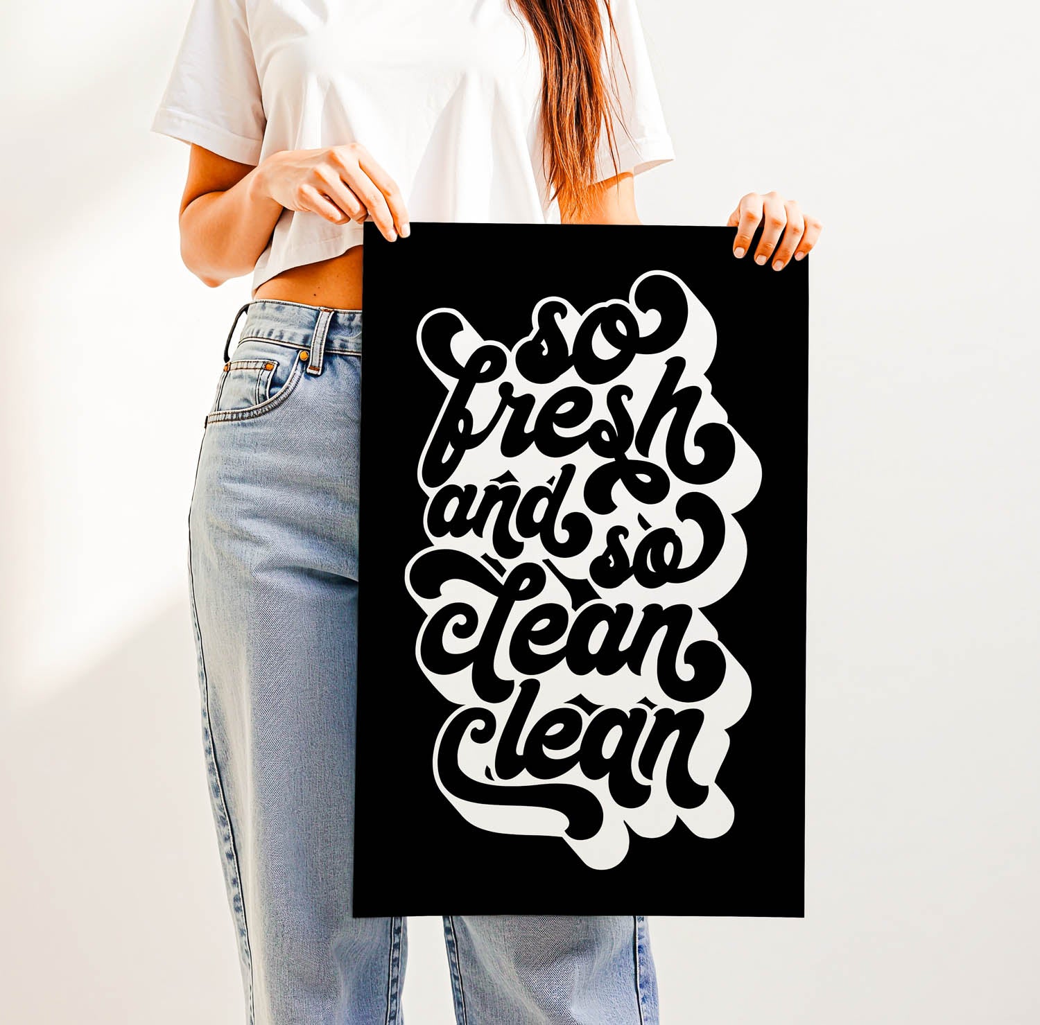 Best-selling “So Fresh and So Clean Clean” bathroom wall art – trendy retro-style printable for modern bathrooms, laundry rooms, or guest powder rooms.
