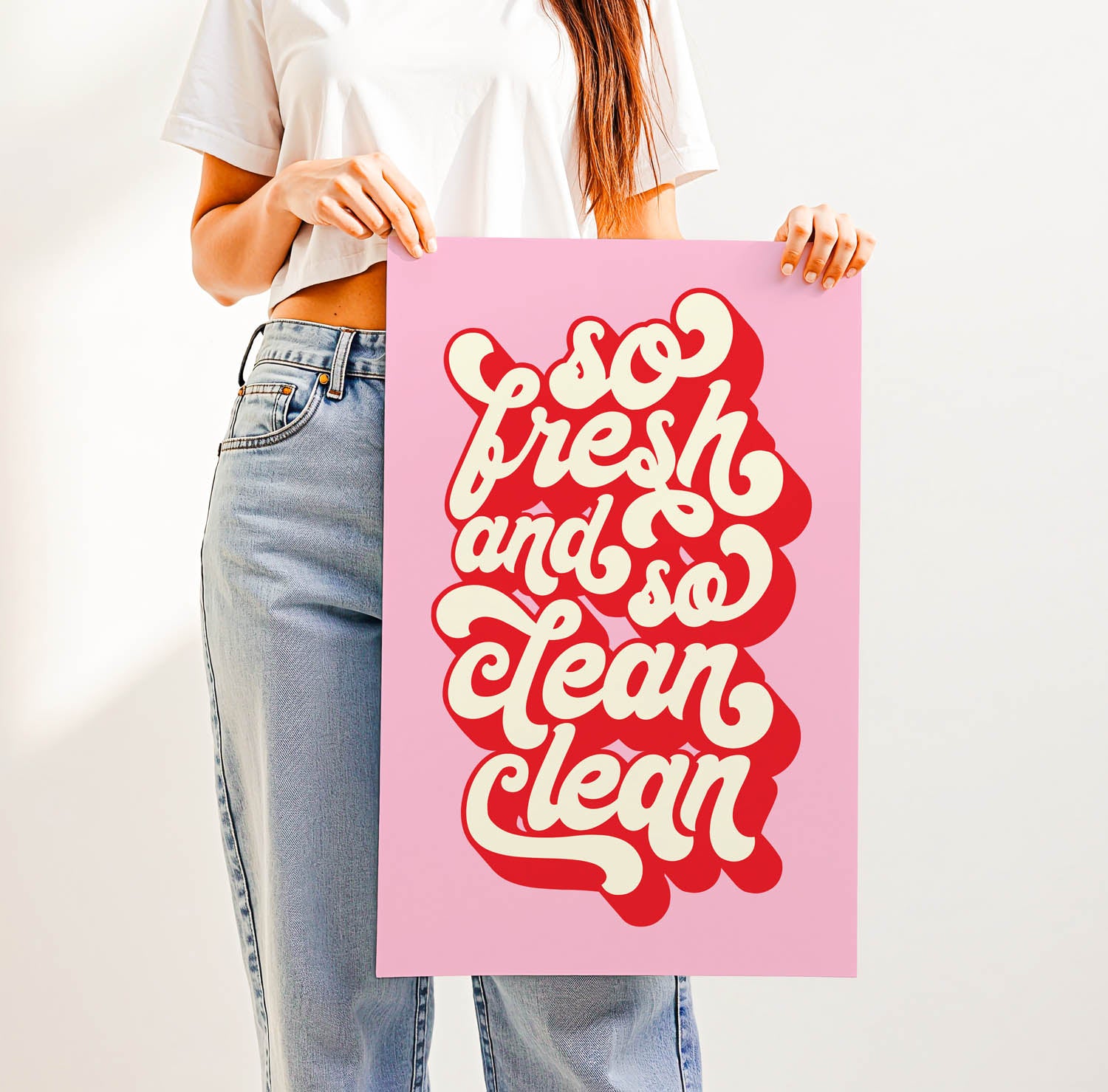 Best-selling “So Fresh and So Clean Clean” bathroom wall art – trendy retro-style printable for modern bathrooms, laundry rooms, or guest powder rooms.