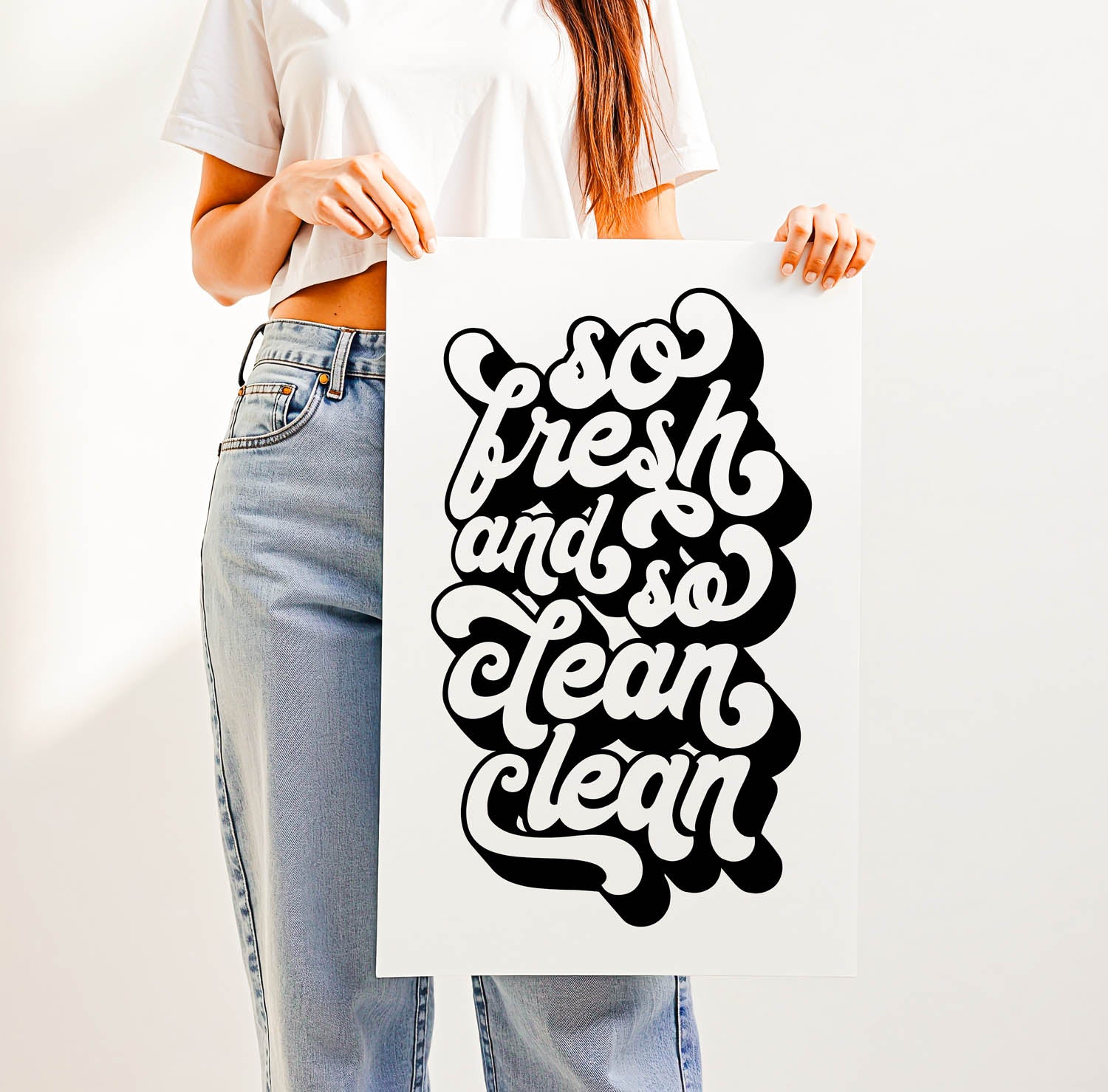 Best-selling “So Fresh and So Clean Clean” bathroom wall art – trendy retro-style printable for modern bathrooms, laundry rooms, or guest powder rooms.