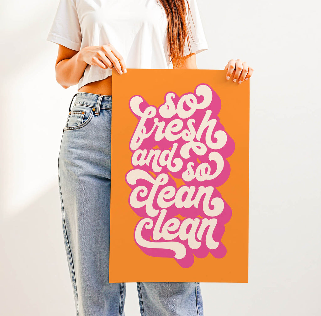Best-selling “So Fresh and So Clean Clean” bathroom wall art – trendy retro-style printable for modern bathrooms, laundry rooms, or guest powder rooms.