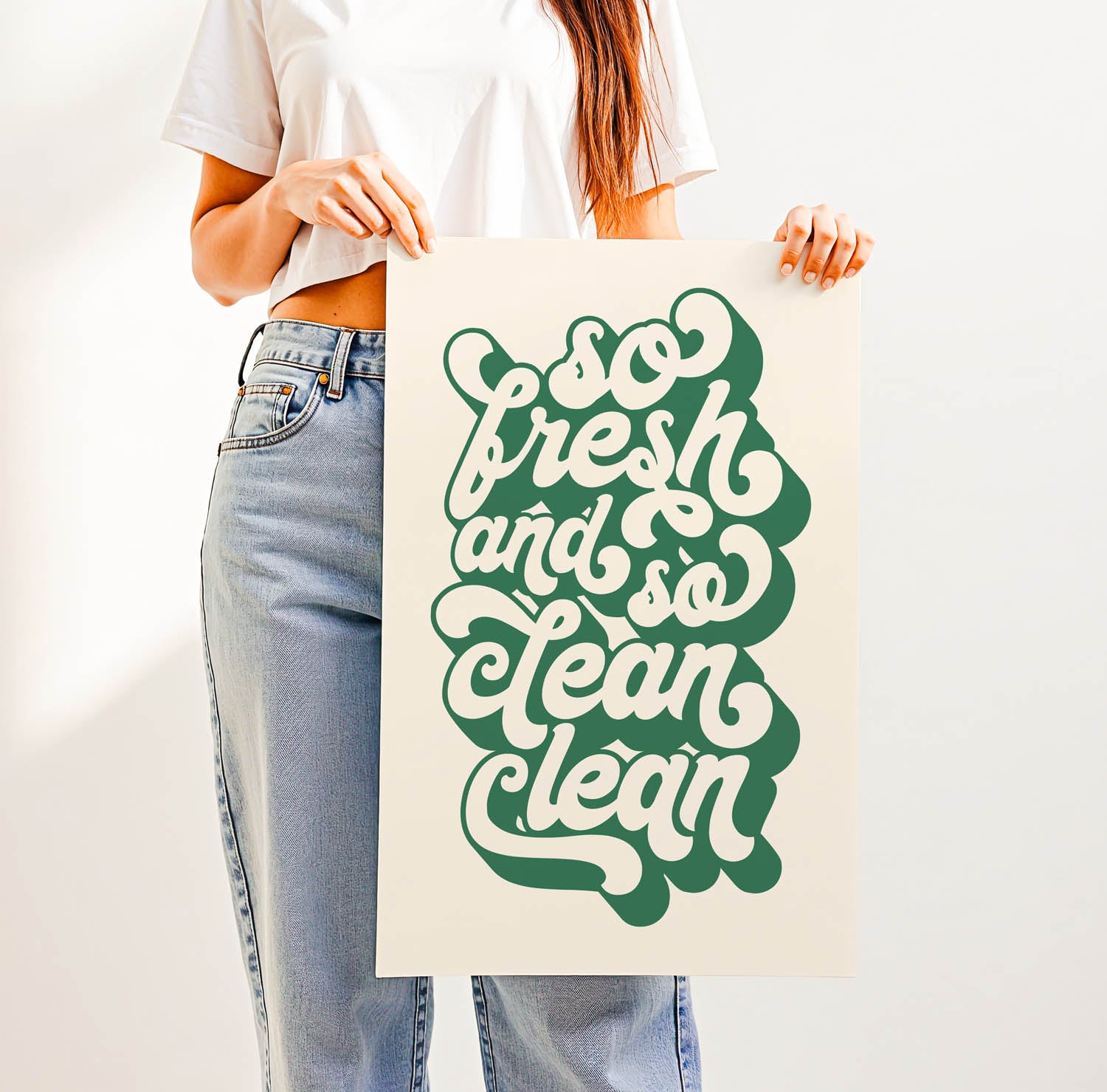 Best-selling “So Fresh and So Clean Clean” bathroom wall art – trendy retro-style printable for modern bathrooms, laundry rooms, or guest powder rooms.