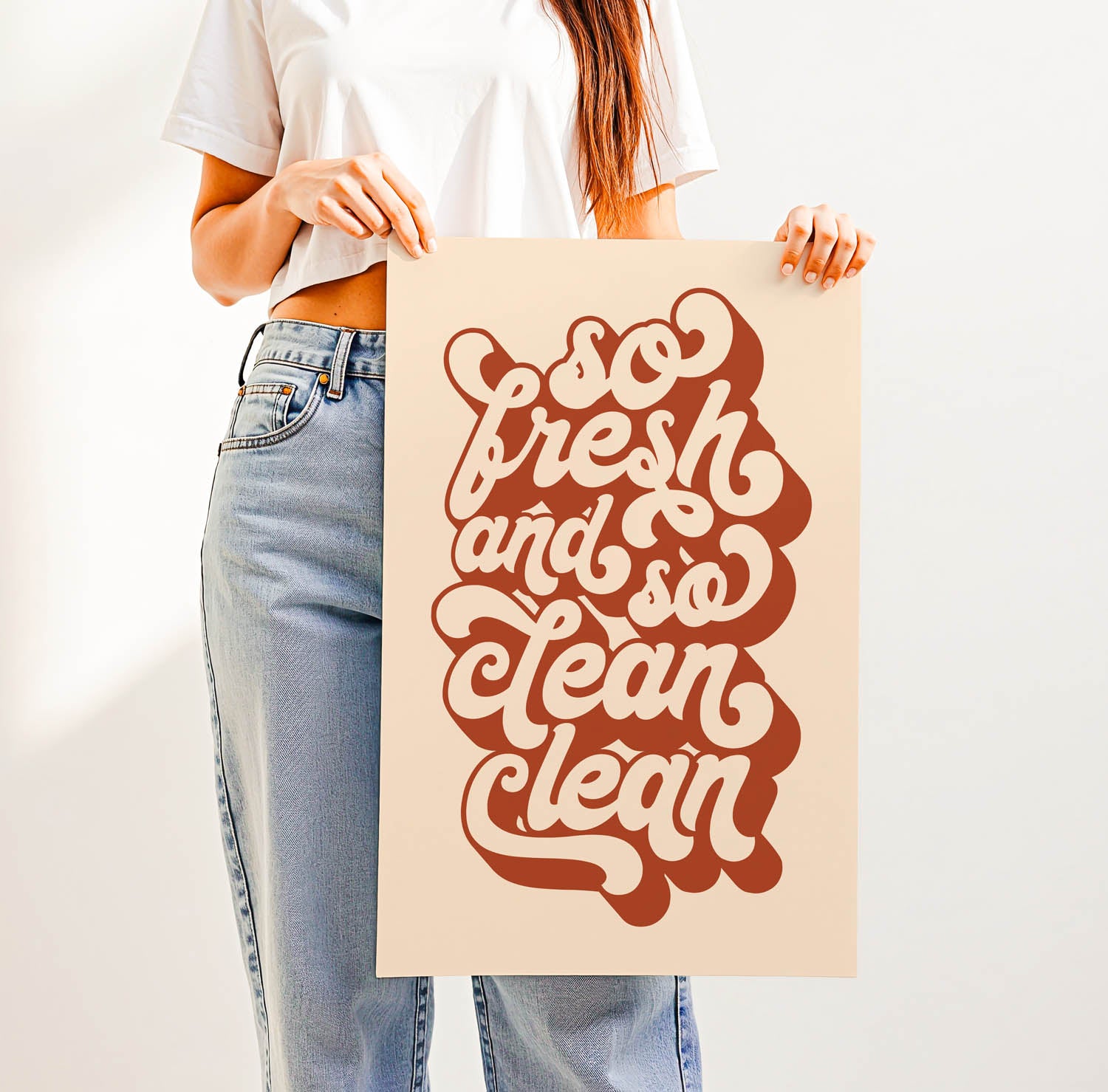 Best-selling “So Fresh and So Clean Clean” bathroom wall art – trendy retro-style printable for modern bathrooms, laundry rooms, or guest powder rooms.