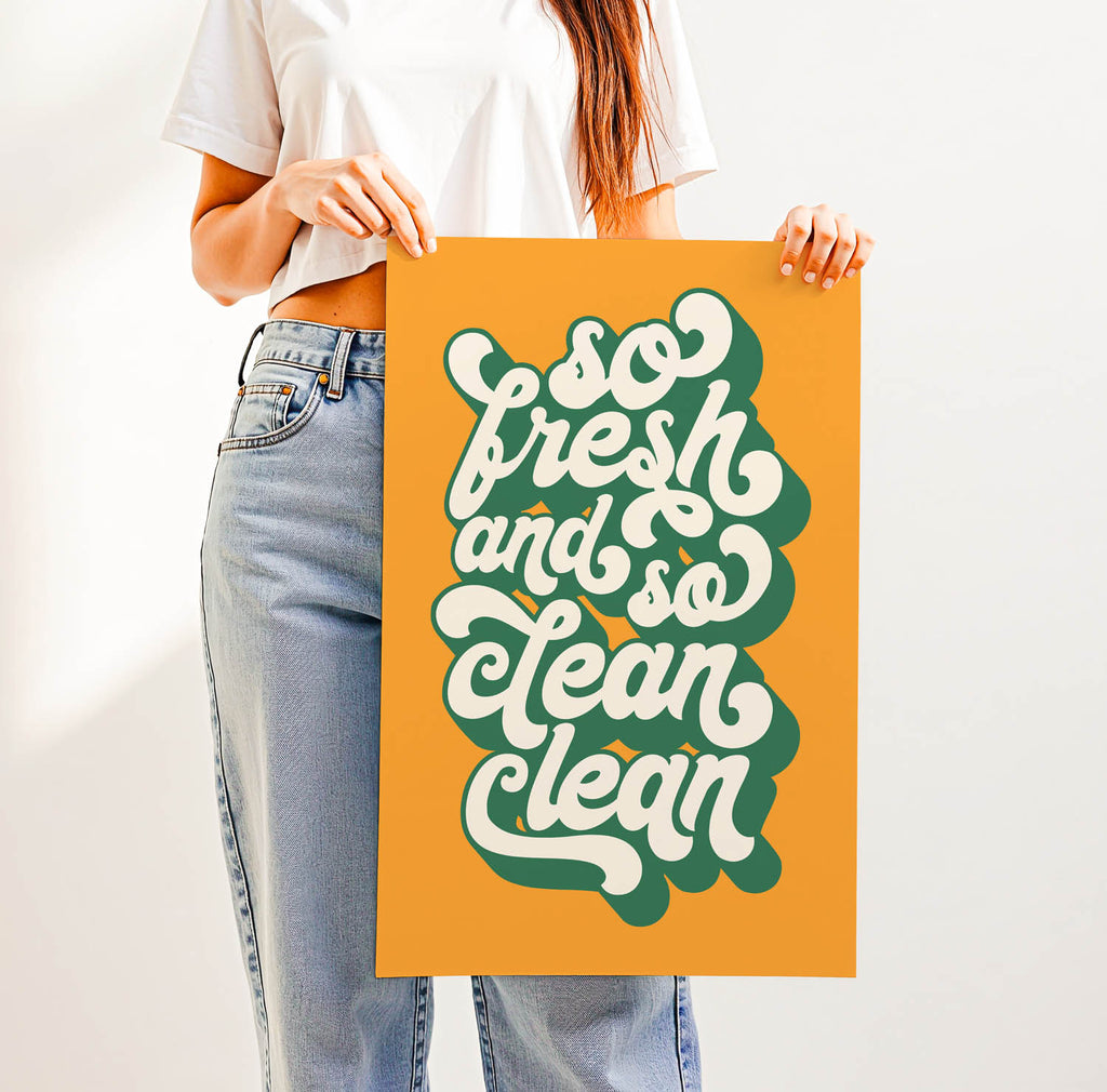 Best-selling “So Fresh and So Clean Clean” bathroom wall art – trendy retro-style printable for modern bathrooms, laundry rooms, or guest powder rooms.