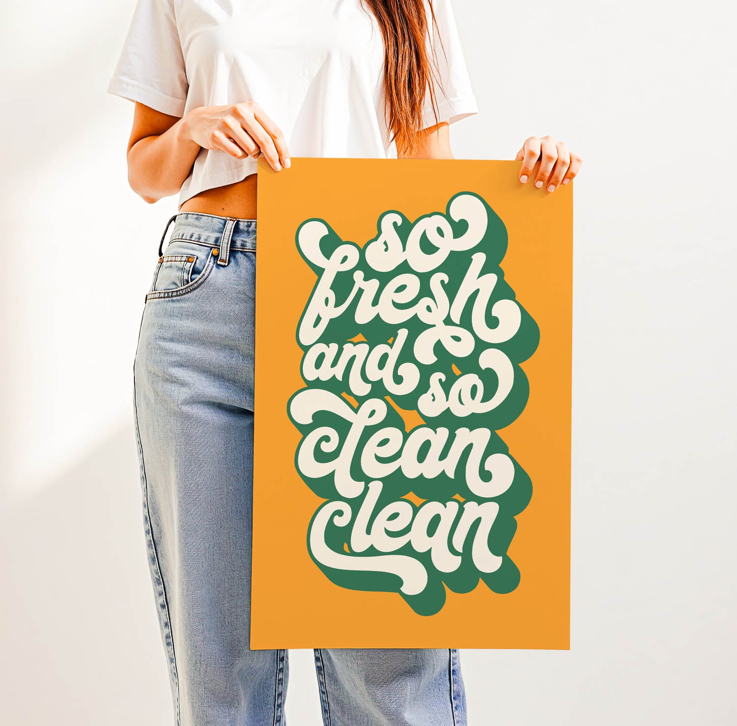 Best-selling “So Fresh and So Clean Clean” bathroom wall art – trendy retro-style printable for modern bathrooms, laundry rooms, or guest powder rooms.