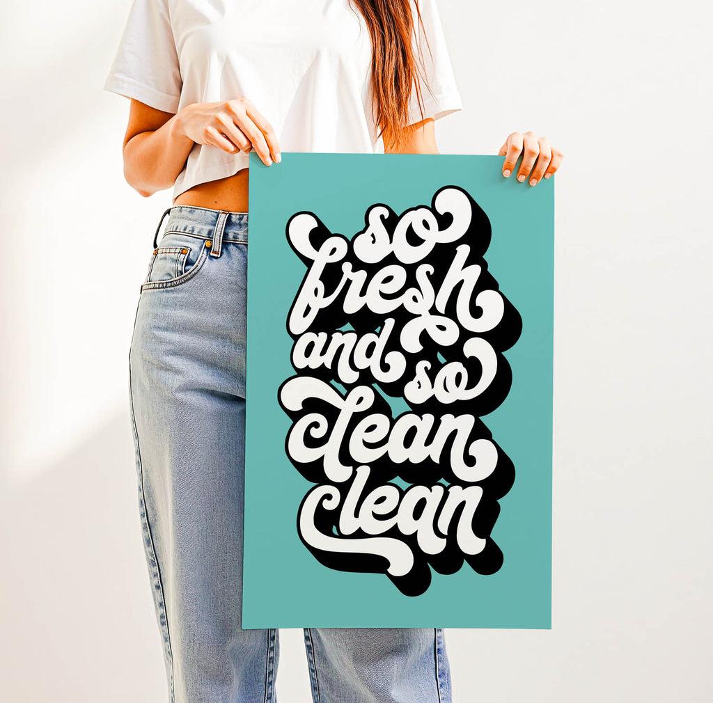 Best-selling “So Fresh and So Clean Clean” bathroom wall art – trendy retro-style printable for modern bathrooms, laundry rooms, or guest powder rooms.