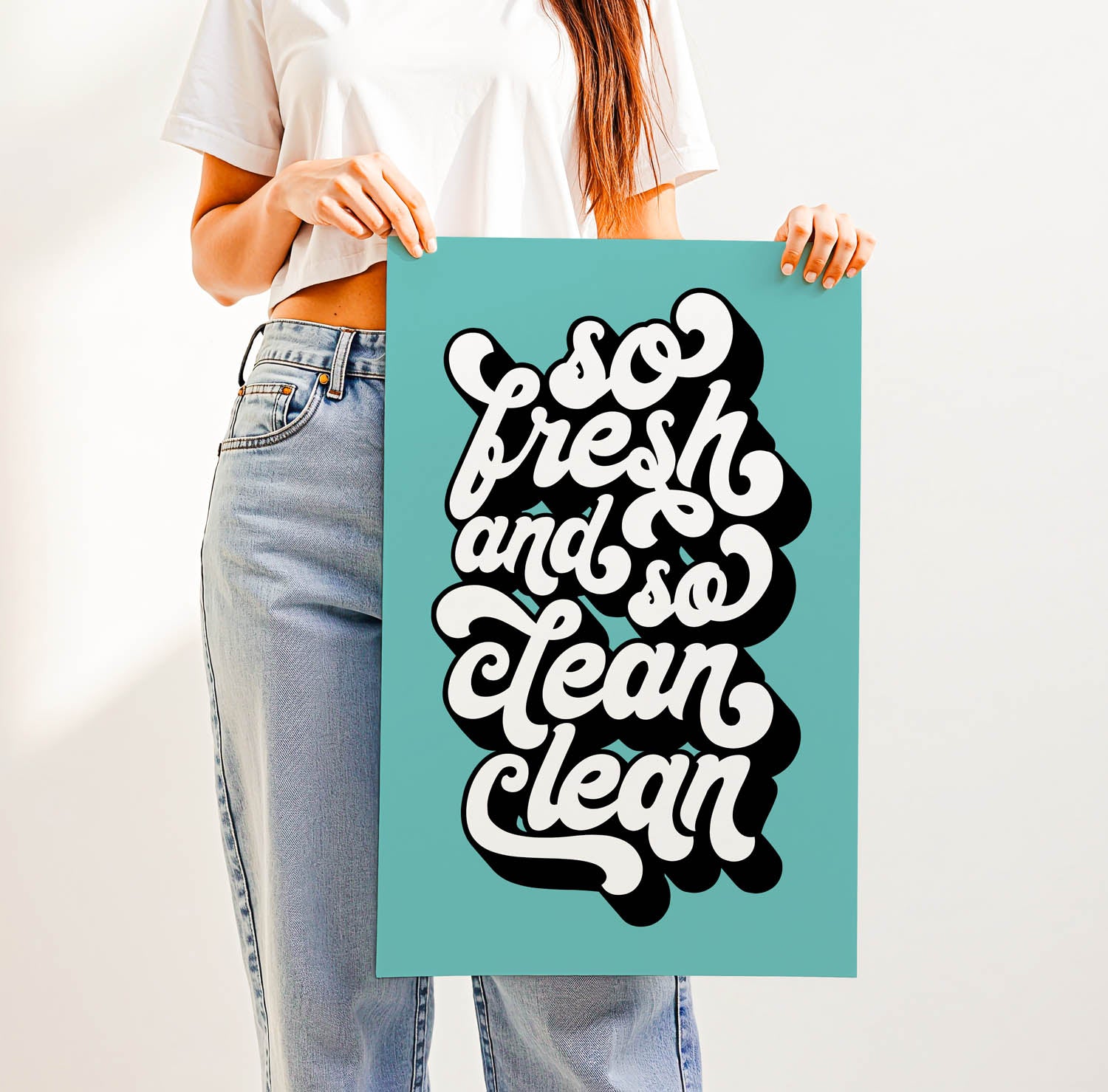 Best-selling “So Fresh and So Clean Clean” bathroom wall art – trendy retro-style printable for modern bathrooms, laundry rooms, or guest powder rooms.