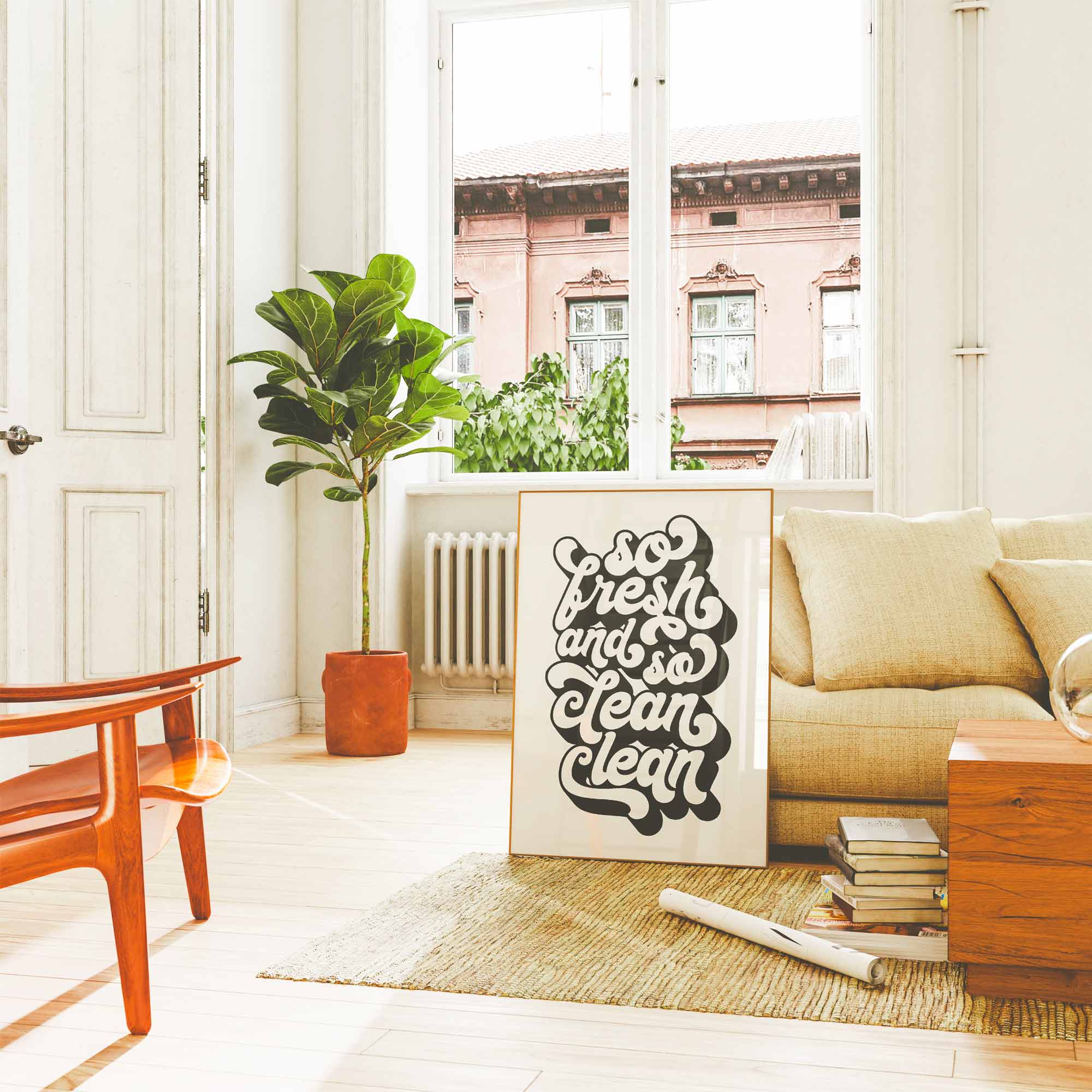 So Fresh and So Clean Clean” bold black and white typography print — fun, modern wall art for bathrooms, laundry rooms, or minimal spaces.