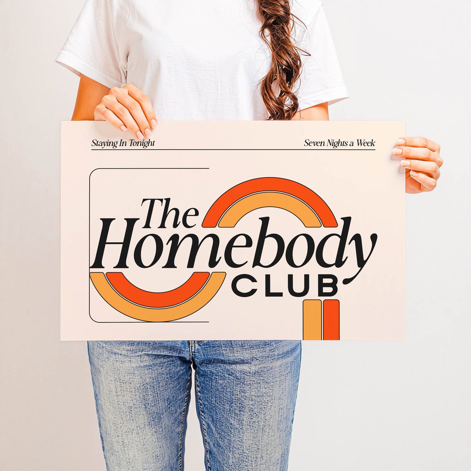 Best-selling mid-century modern wall art print that says “The Homebody Club” – retro 70s-inspired typography for cozy interiors and aesthetic home decor.