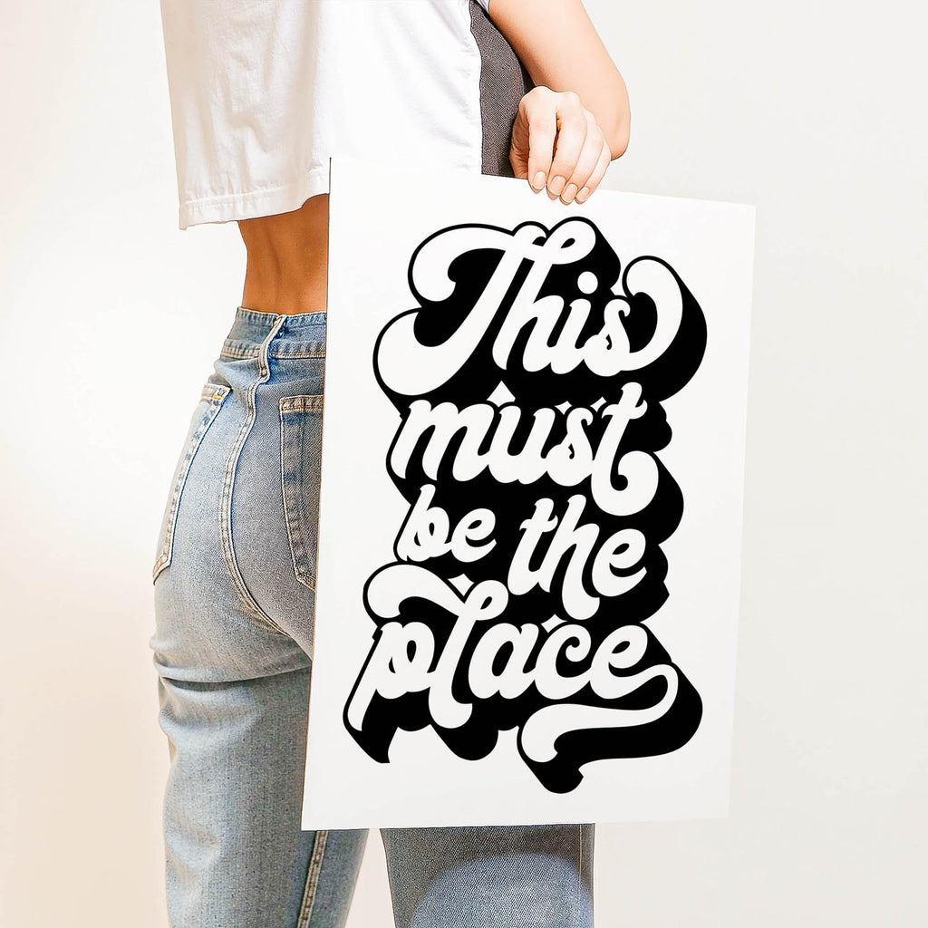 Best-selling 70s retro typography wall art print that says “This Must Be the Place” – perfect for gallery walls, entryways, or aesthetic home decor.