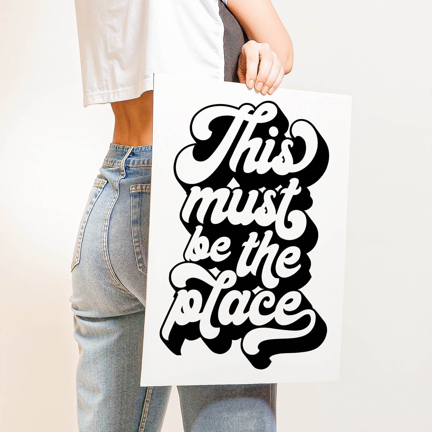 Best-selling 70s retro typography wall art print that says “This Must Be the Place” – perfect for gallery walls, entryways, or aesthetic home decor.