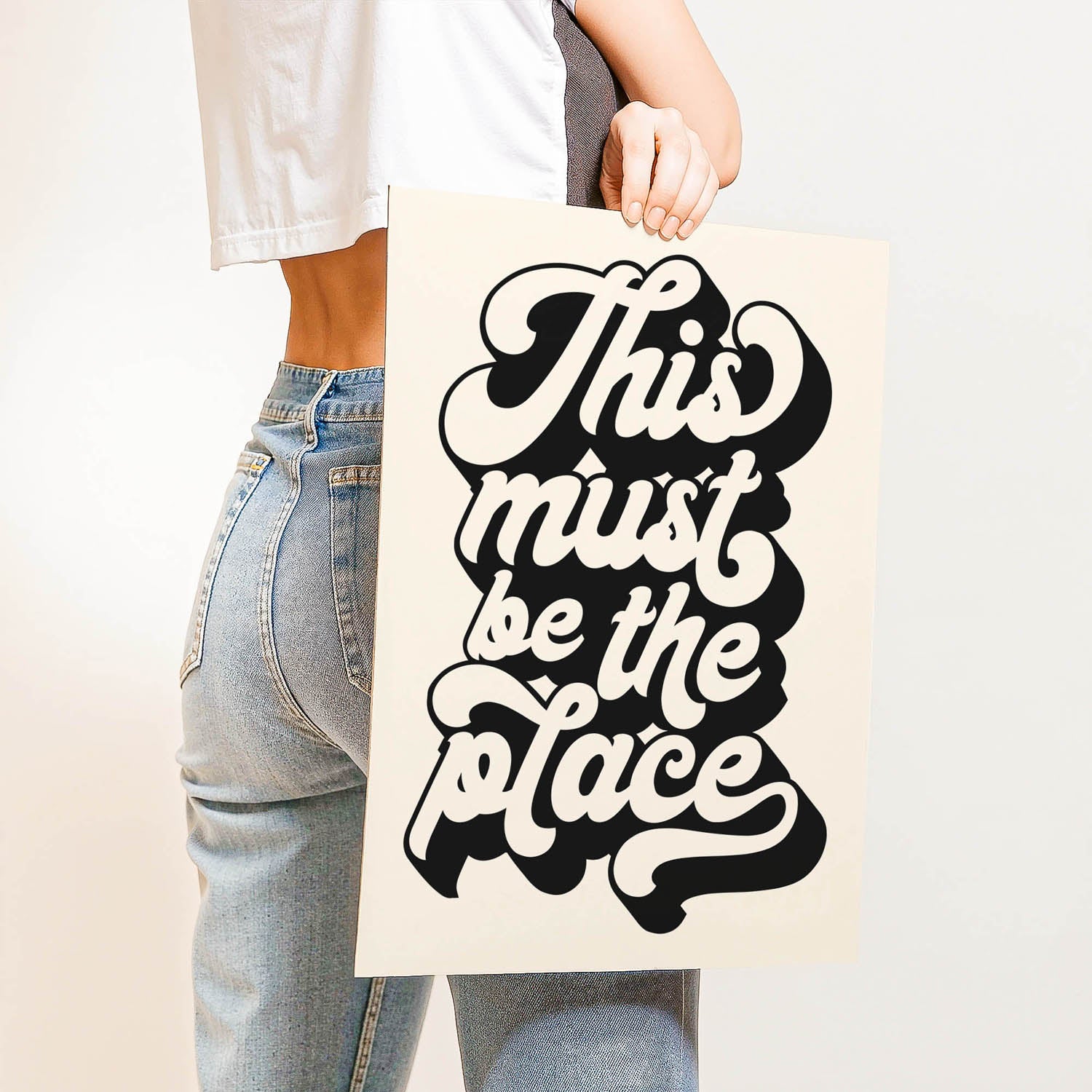 Best-selling 70s retro typography wall art print that says “This Must Be the Place” – perfect for gallery walls, entryways, or aesthetic home decor.
